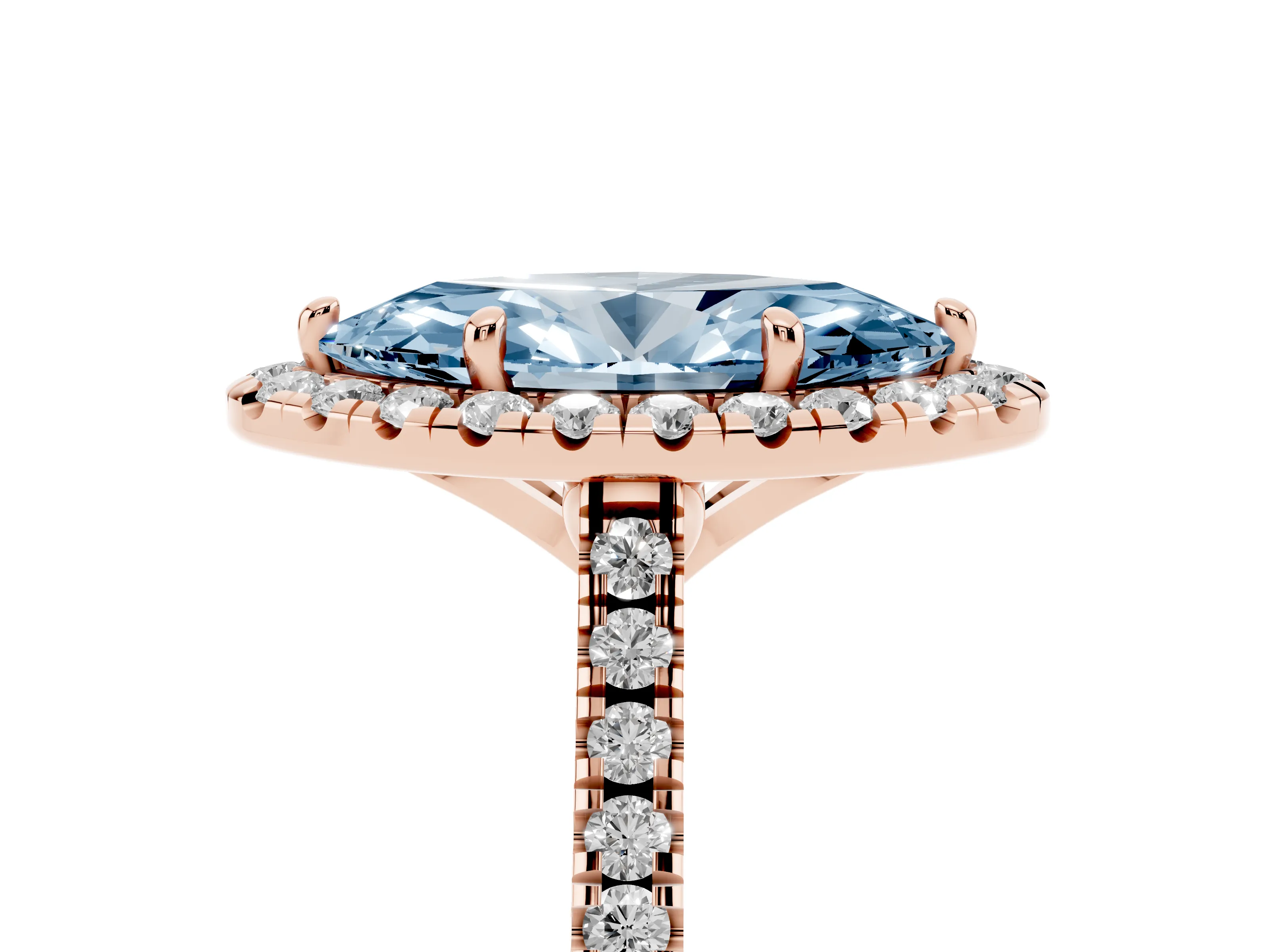 Fancy Blue Marquise Cut Diamond Cushion Halo Ring Set in Rose gold with Pavé Band