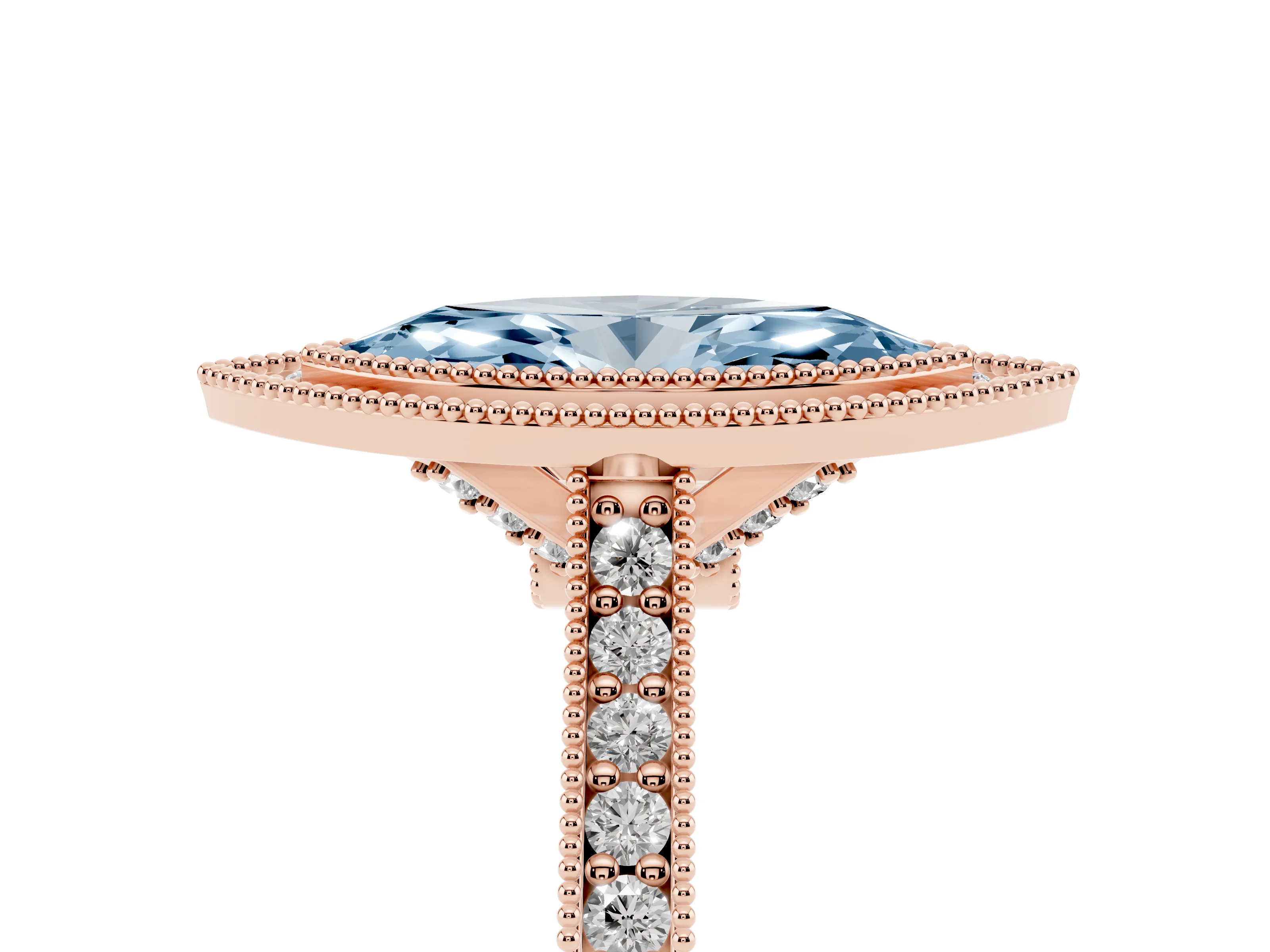 Fancy Blue Marquise Cut Diamond Halo Milgrain Pavé Band Ring Set in Rose gold with Prong Setting