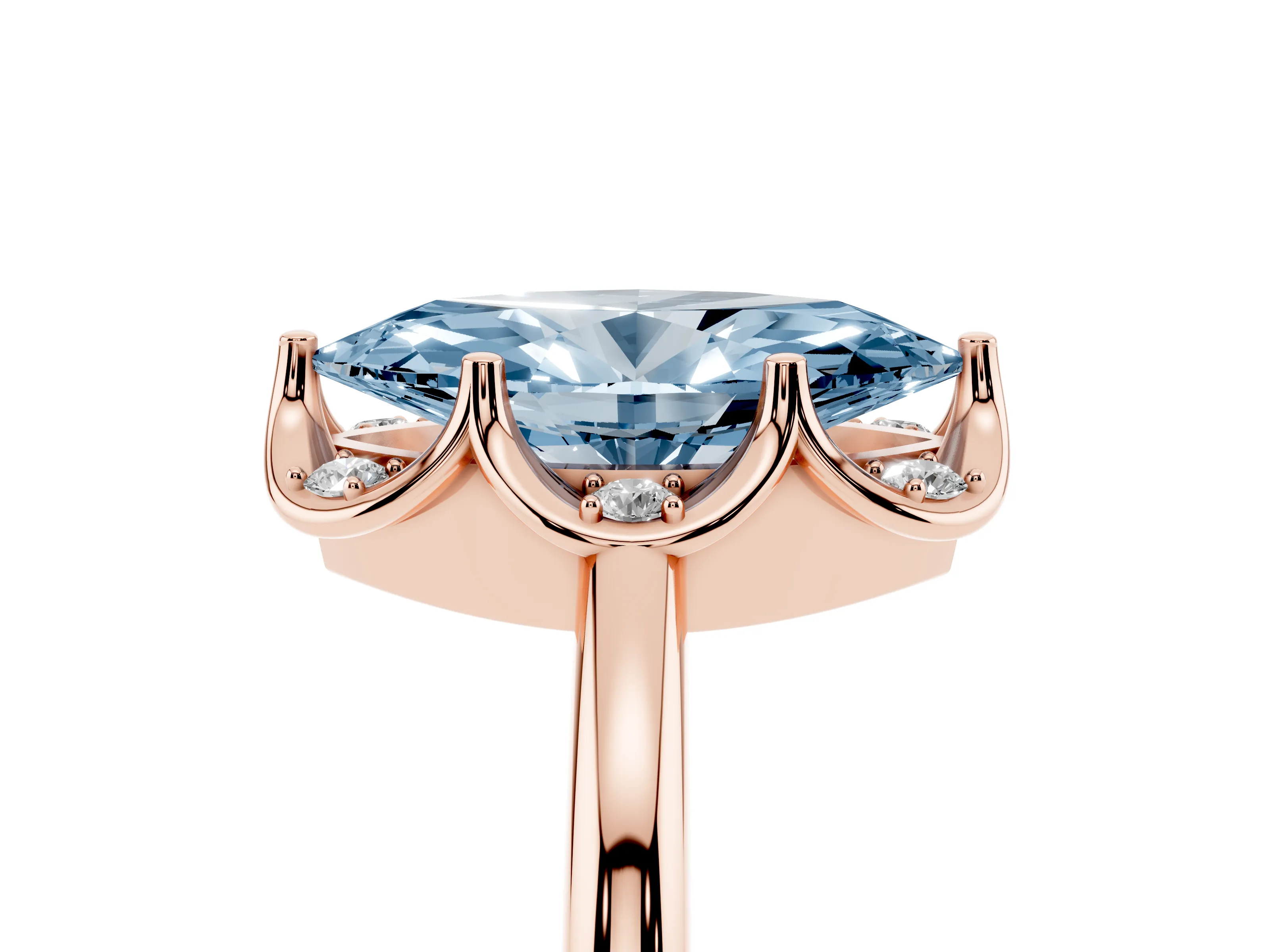 Fancy Blue Marquise Cut Diamond Round Cluster Halo Ring Set in Rose gold with Solitaire Band and Prong Setting