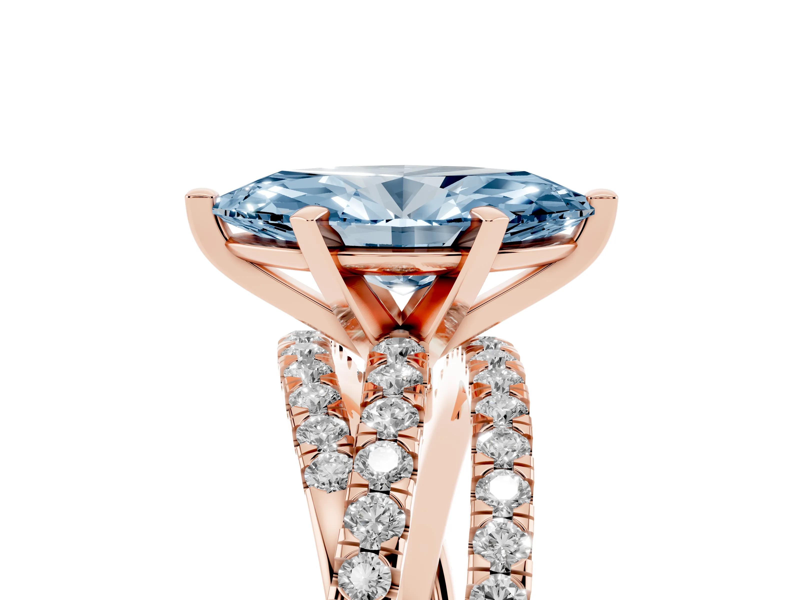 Fancy Blue Marquise Cut Diamond Solitaire Twist Band Ring Set in Rose gold with Pavé Setting and Prong Head