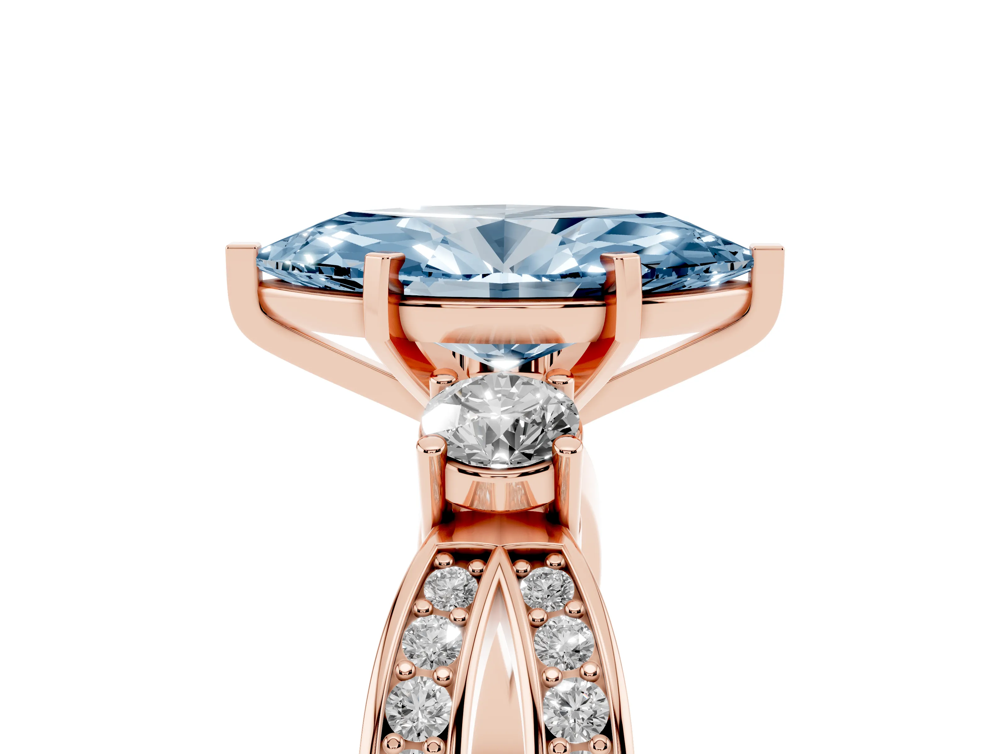 Fancy Blue Three-Stone Marquise Cut Diamond Twist Band Ring Set in Rose gold with Pavé Accents and Prong Setting