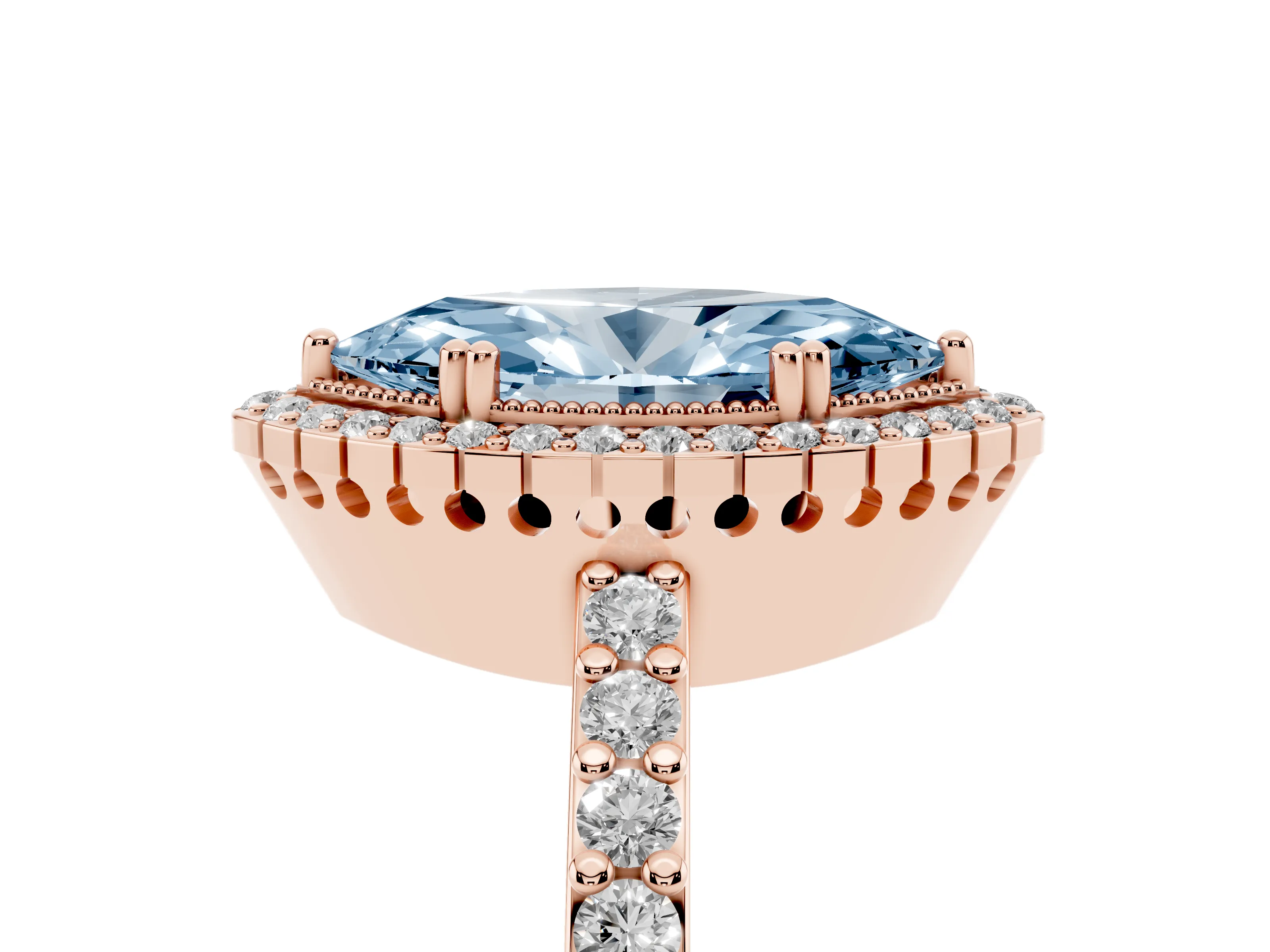 Fancy Blue Marquise Cut Diamond Halo Engagement Ring Set in Rose gold with Milgrain Detail and Pavé Band