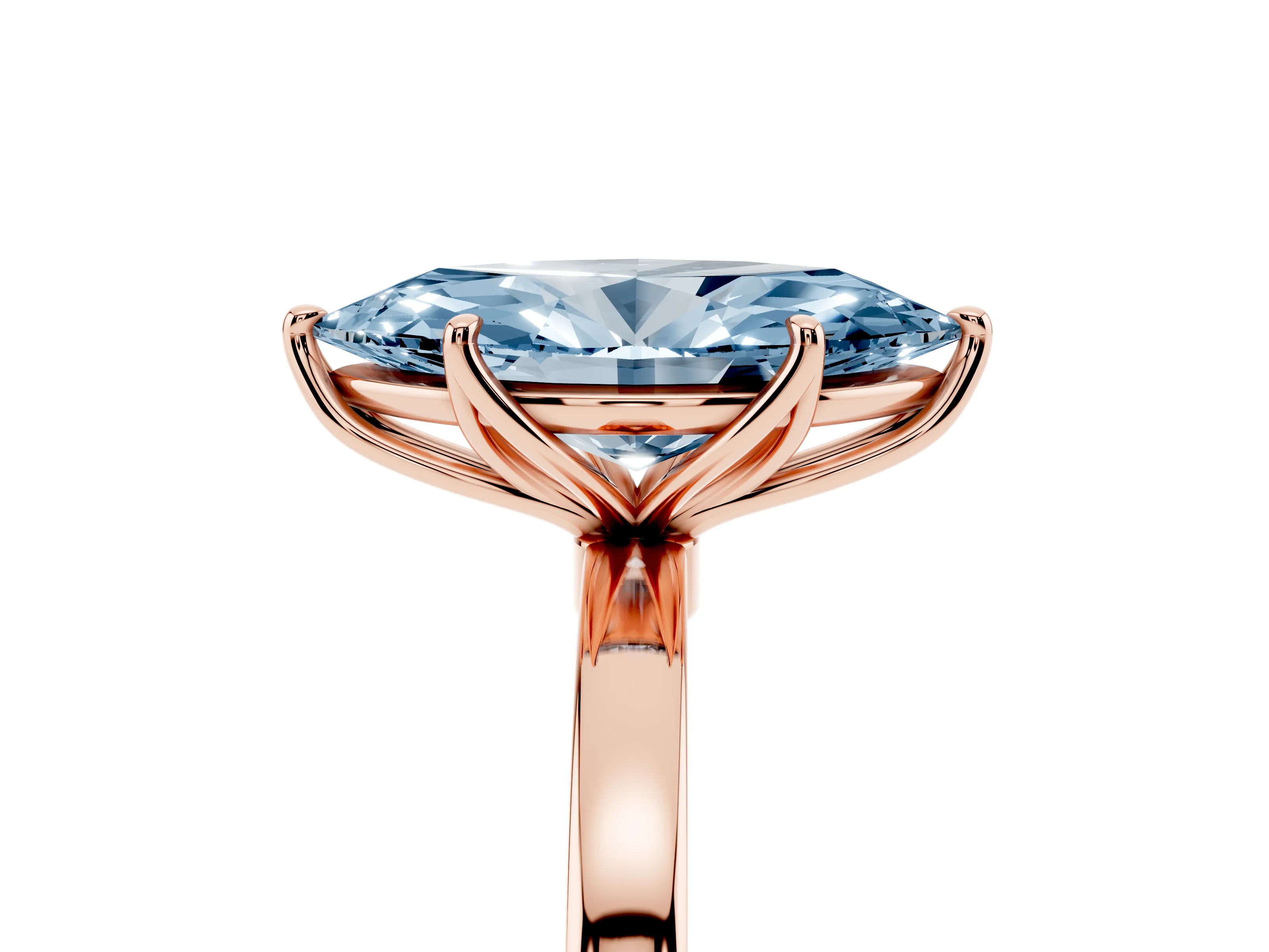 Fancy Blue Marquise Cut Diamond Solitaire Ring Set in Rose gold with Prong Setting and Thin Polished Band