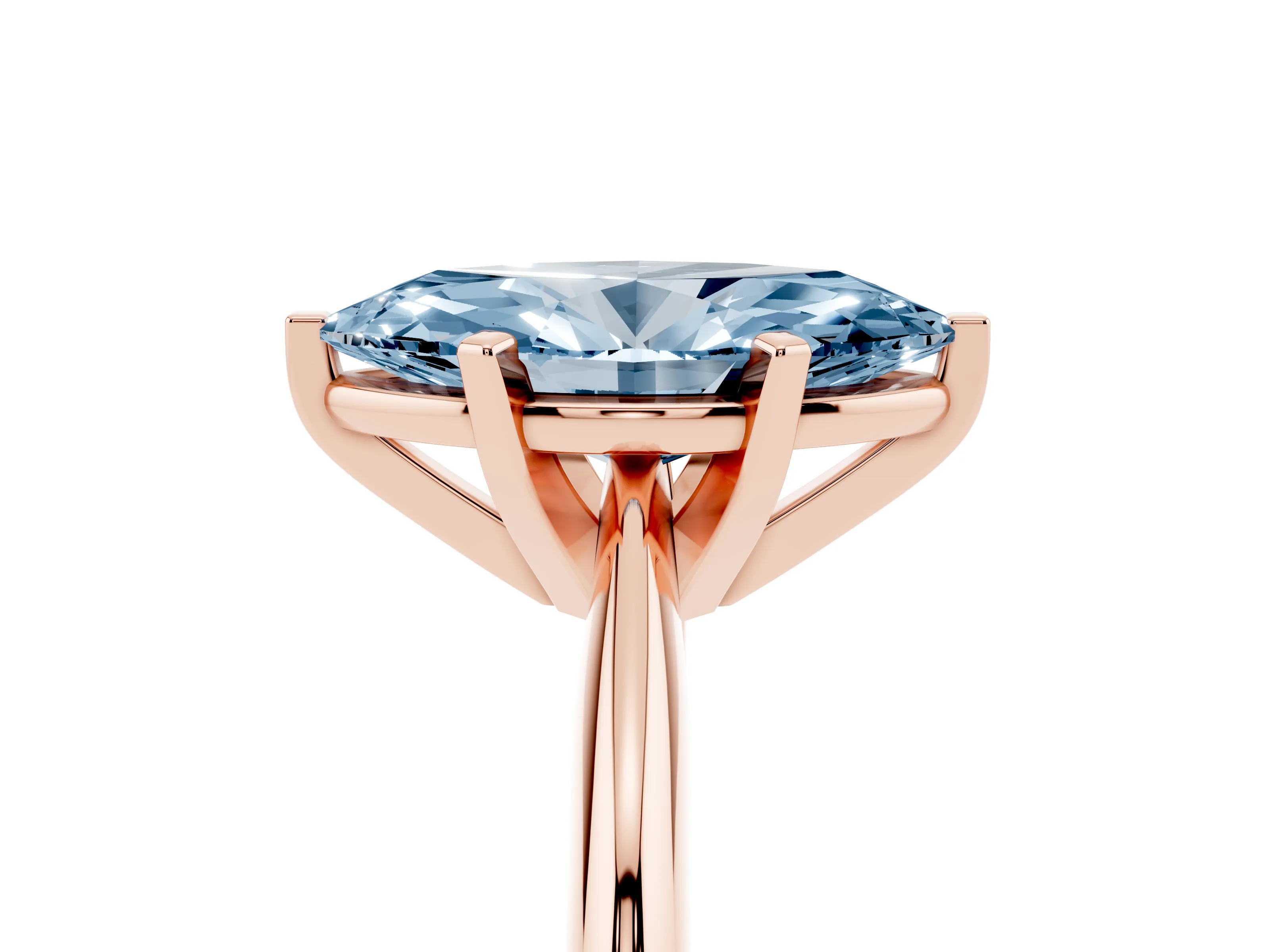 Fancy Blue Marquise Cut Diamond Solitaire Ring Set in Rose gold with Prong Setting on a Plain Round Band
