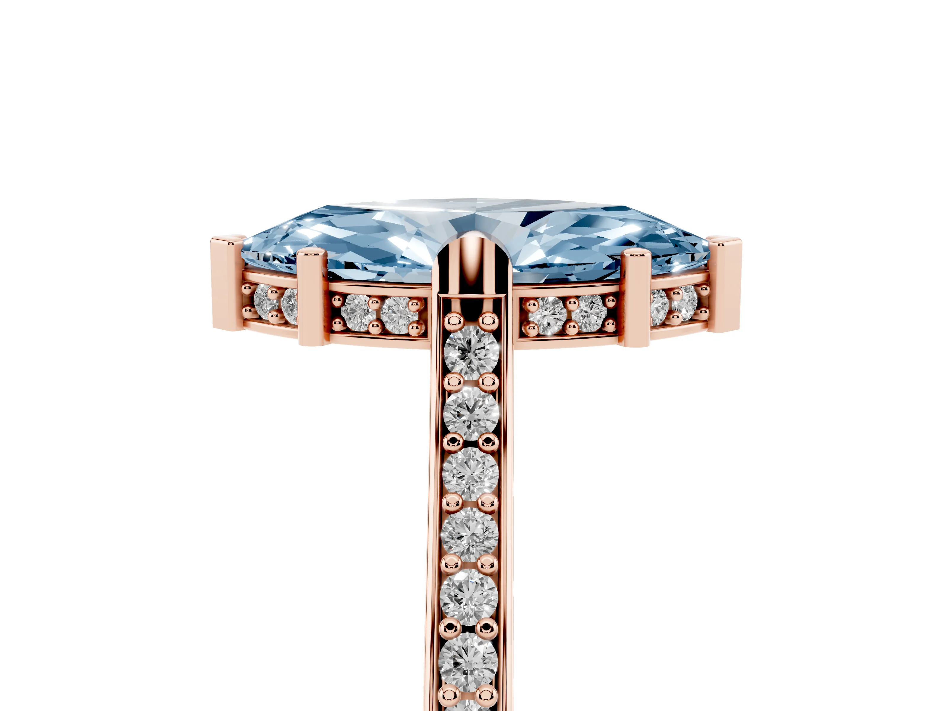 Fancy Blue Marquise Cut Diamond Solitaire Ring Set in Rose gold with Channel Set Band and Bezel Prong Setting