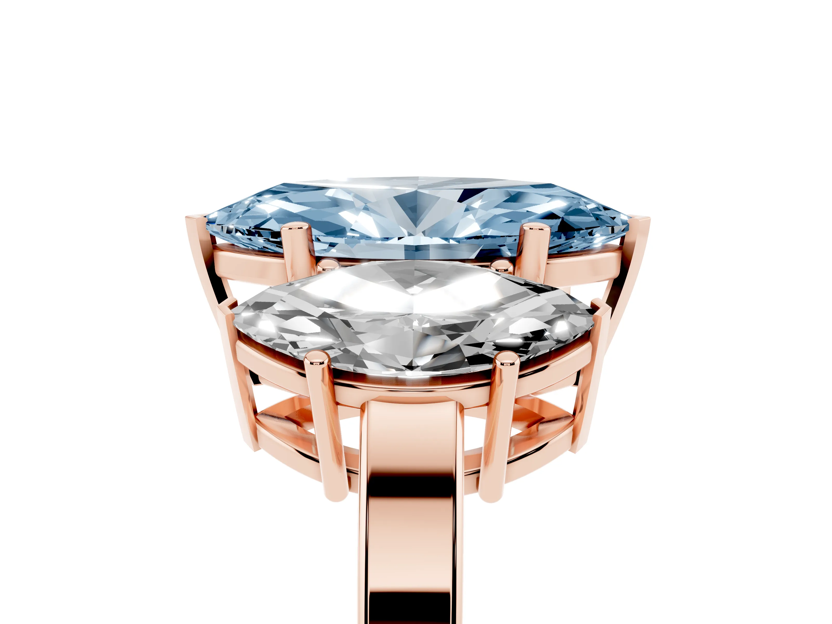 Fancy Blue Marquise Cut Diamond Three-Stone Engagement Ring Set in Rose gold with Flat Band