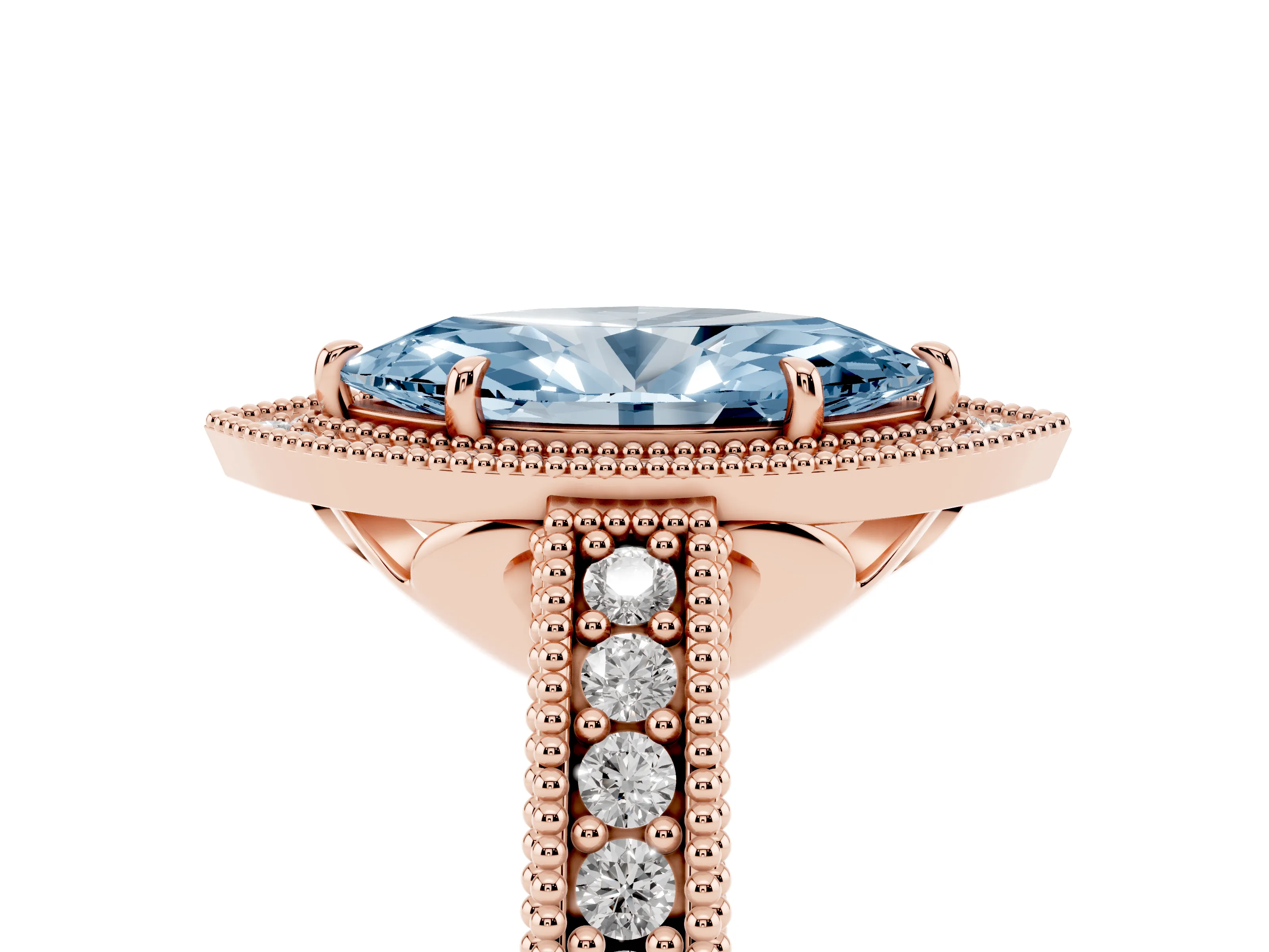 Fancy Blue Marquise Cut Diamond Halo Ring Set in Rose gold with Round Accent Halo, Pavé Band and Prong Setting