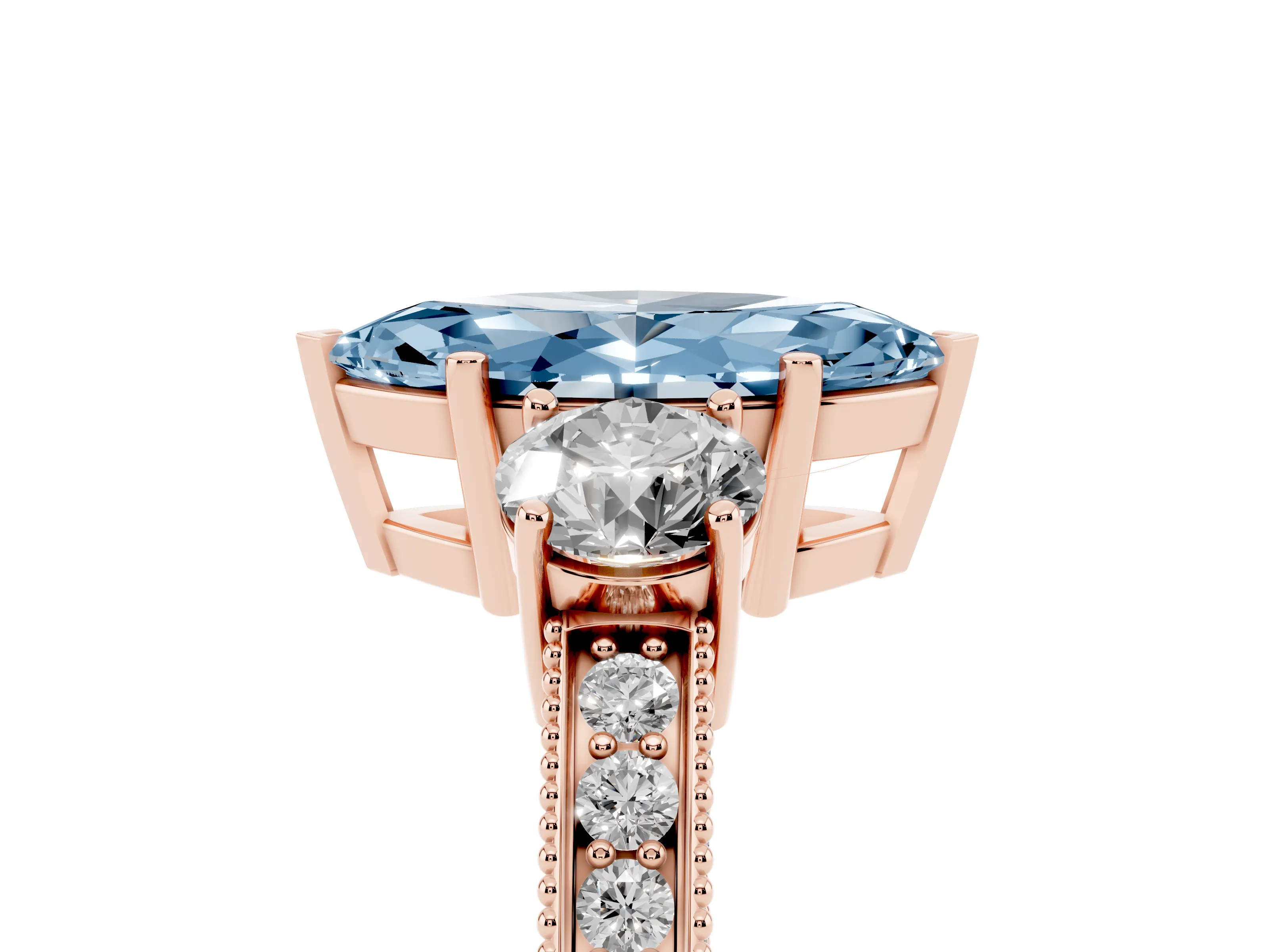 Fancy Blue Marquise Cut Diamond Three-Stone Ring Set in Rose gold with Round Side Stones and Pavé Band