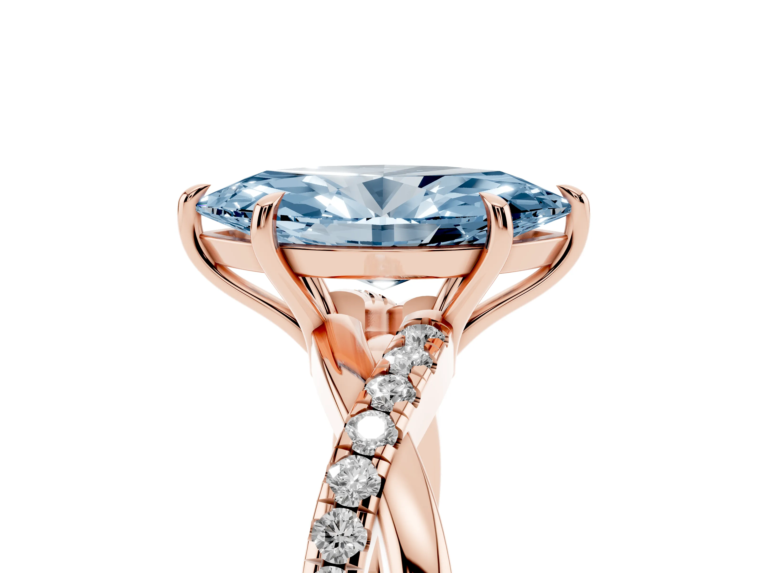 Fancy Blue Marquise Cut Diamond Twisted Pavé Band Ring Set in Rose gold with Prong Setting