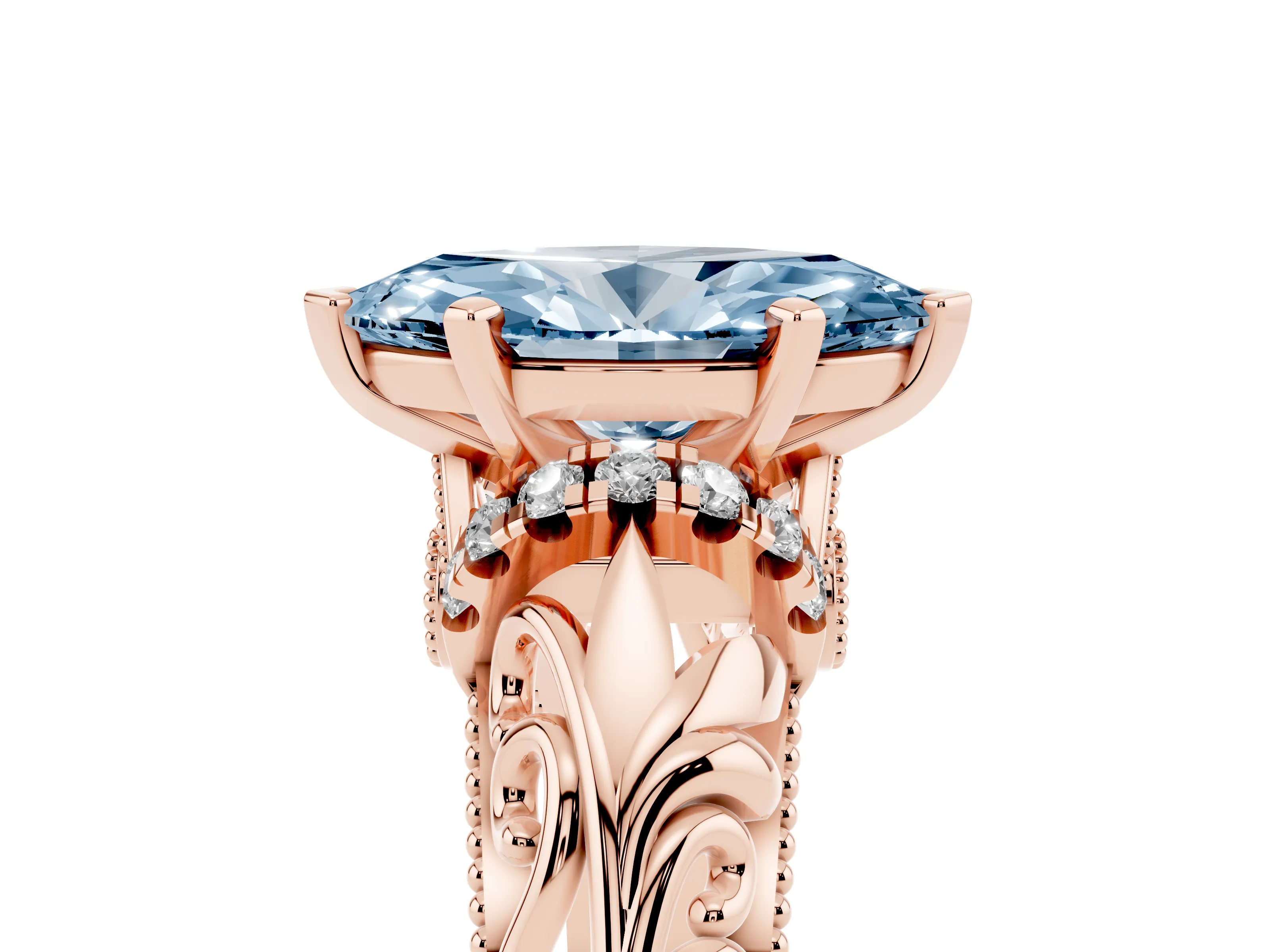 Fancy Blue Marquise Cut Diamond Filigree Halo Engagement Ring Set in Rose gold with Prong Setting
