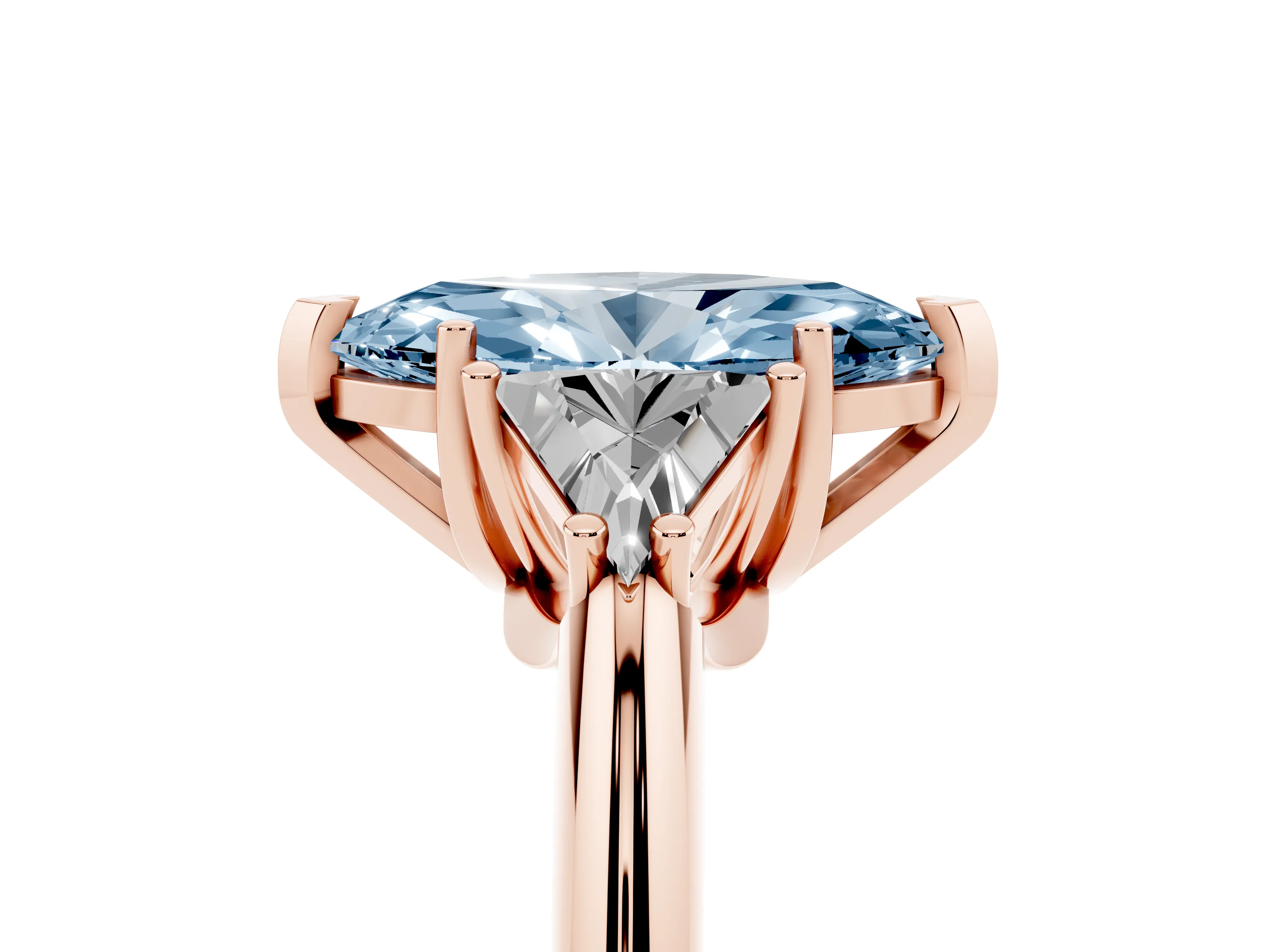 Fancy Blue Marquise Cut Diamond Three-Stone Engagement Ring Set in Rose gold with Trillion Side Stones