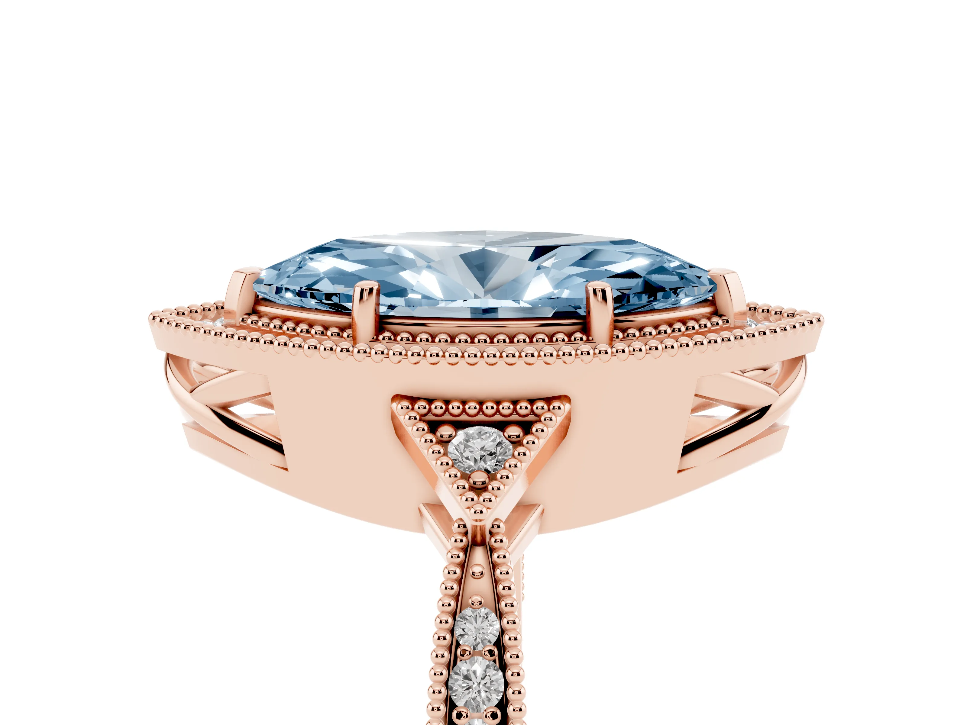 Fancy Blue Marquise Cut Diamond Halo Engagement Ring Set in Rose gold with Milgrain Pavé Band