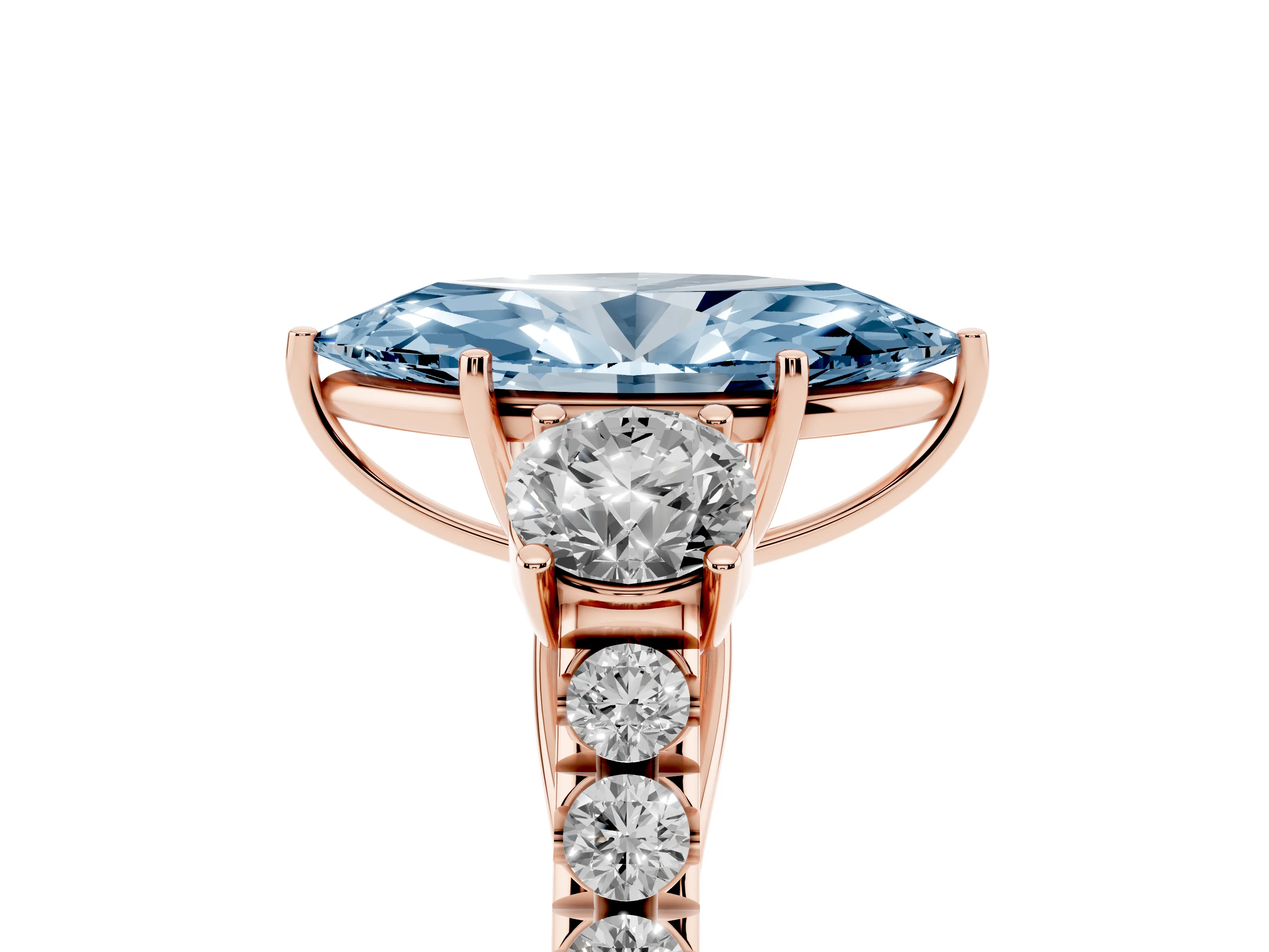 Fancy Blue Marquise Cut Diamond Three-Stone Ring Set in Rose gold with Round Side Stones and Delicate Pavé Band