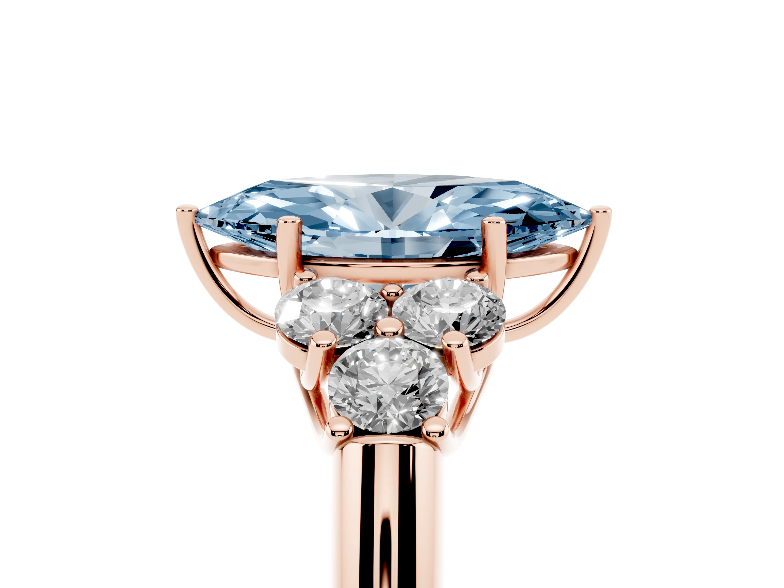 Fancy Blue Marquise Cut Diamond Cluster Ring Set in Rose gold with Round Accent Stones and Prong Setting on a Plain Band