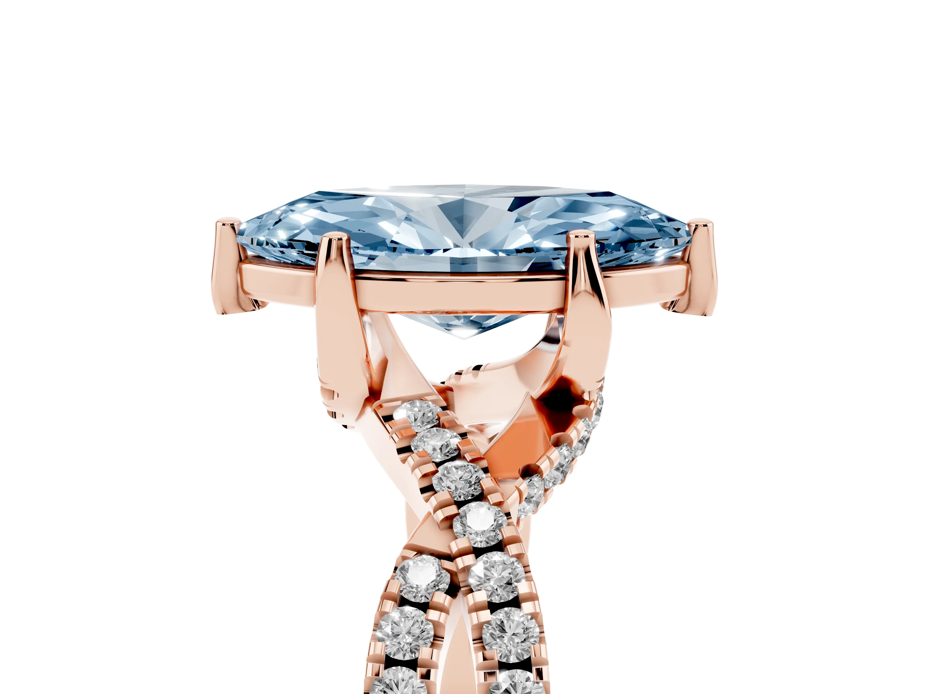 Fancy Blue Marquise Cut Diamond Twist Pavé Solitaire Engagement Ring Set in Rose gold with Prong Setting