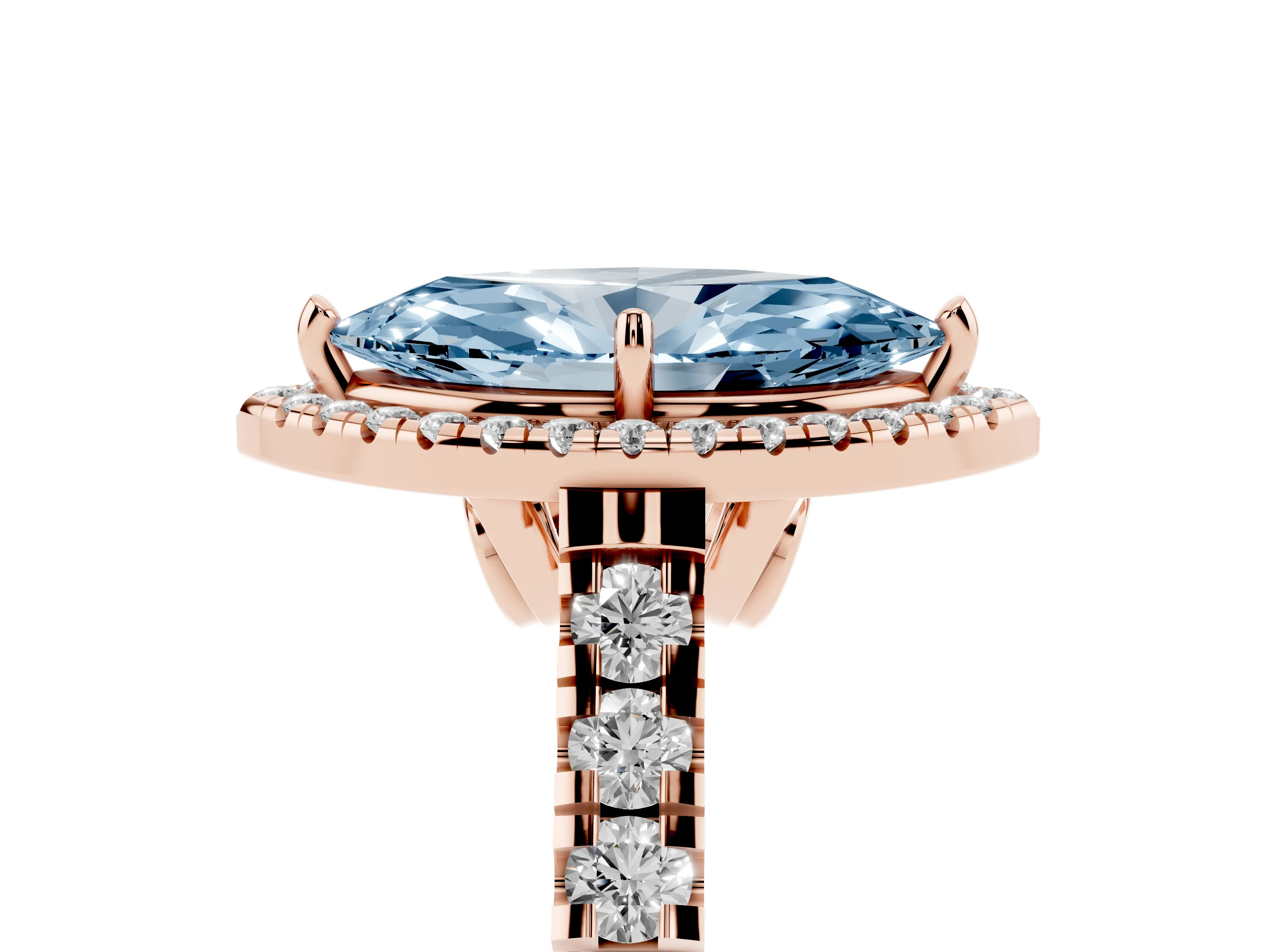Fancy Blue Marquise Cut Diamond Halo Engagement Ring Set in Rose gold with Pavé Band and Prong-Set Center