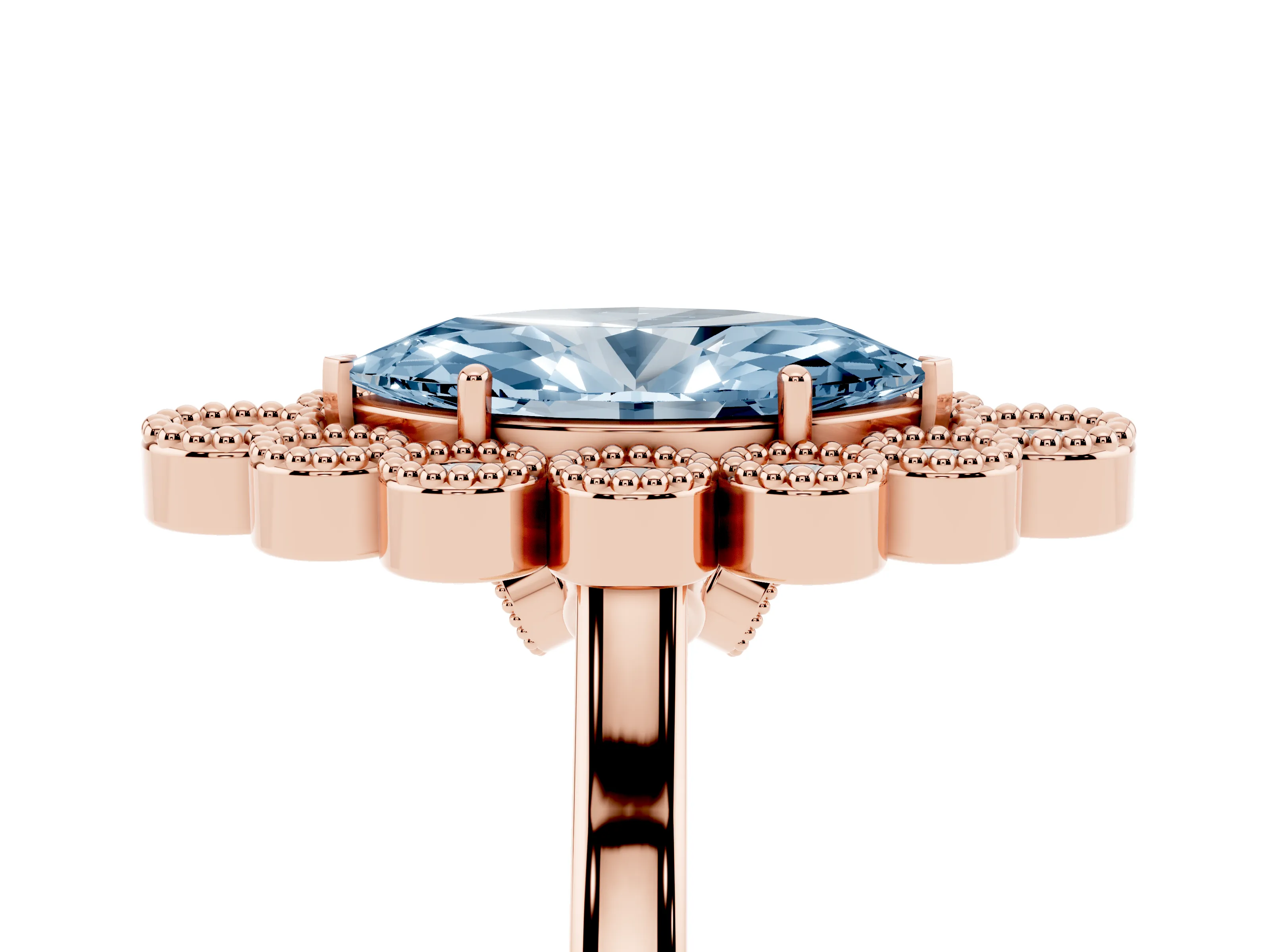 Fancy Blue Marquise Cut Diamond Cluster Halo Ring Set in Rose gold with Milgrain Bezel Accents and Plain Band