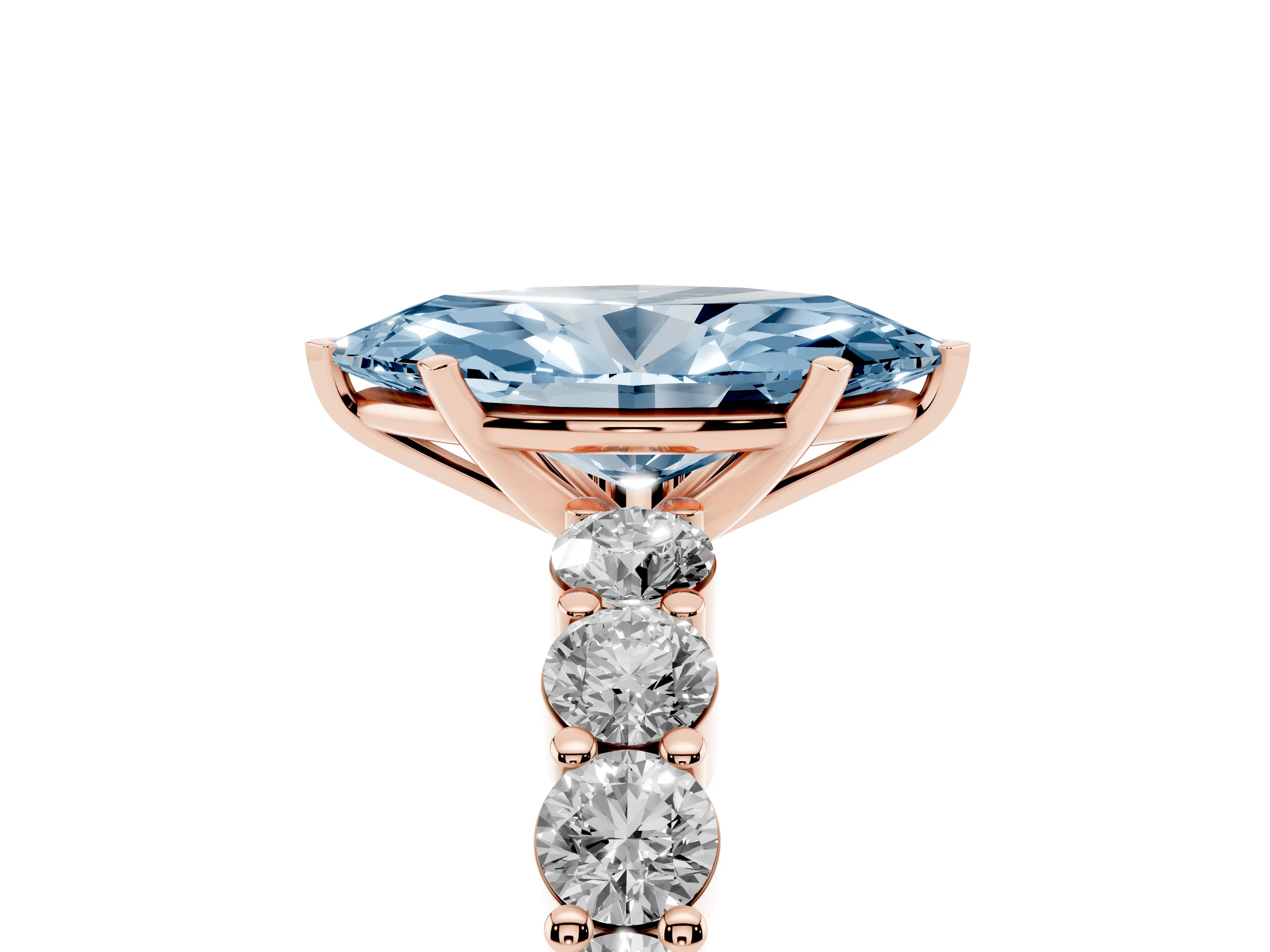 Fancy Blue Marquise Cut Diamond Solitaire Ring Set in Rose gold with Shared Prong Round Side Stones