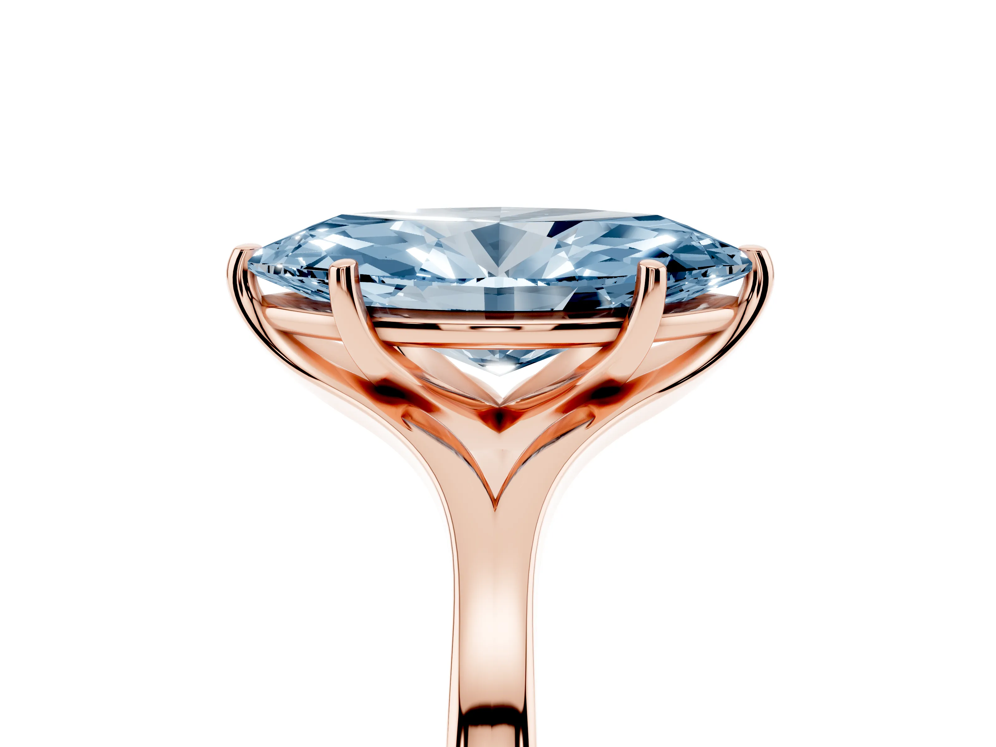 Fancy Blue Marquise Cut Diamond Solitaire Ring Set in Rose gold with Polished Tapered Band and Prong Setting