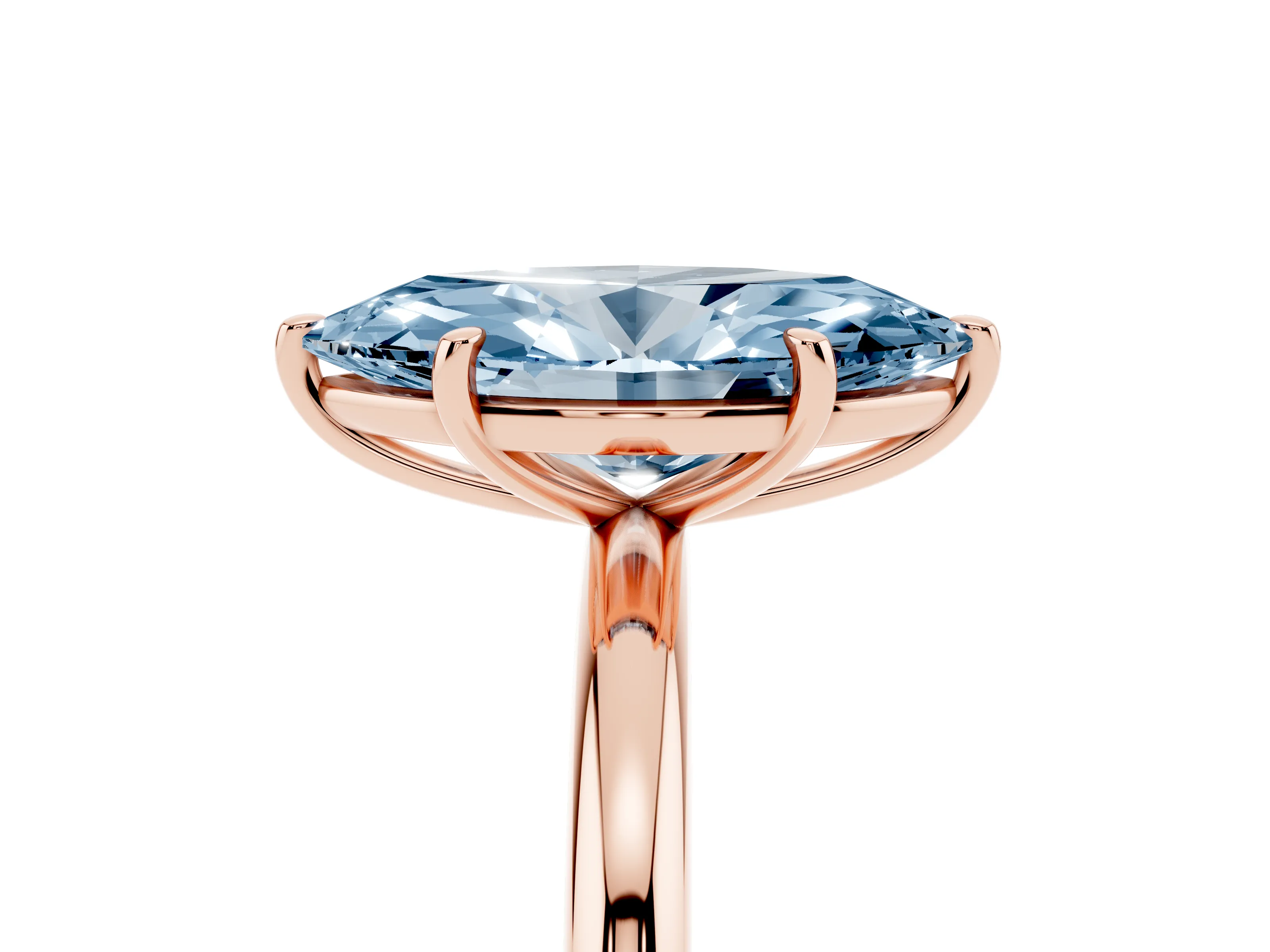Fancy Blue Marquise Cut Diamond Solitaire Ring Set in Rose gold with Prong Setting on a Polished Plain Band