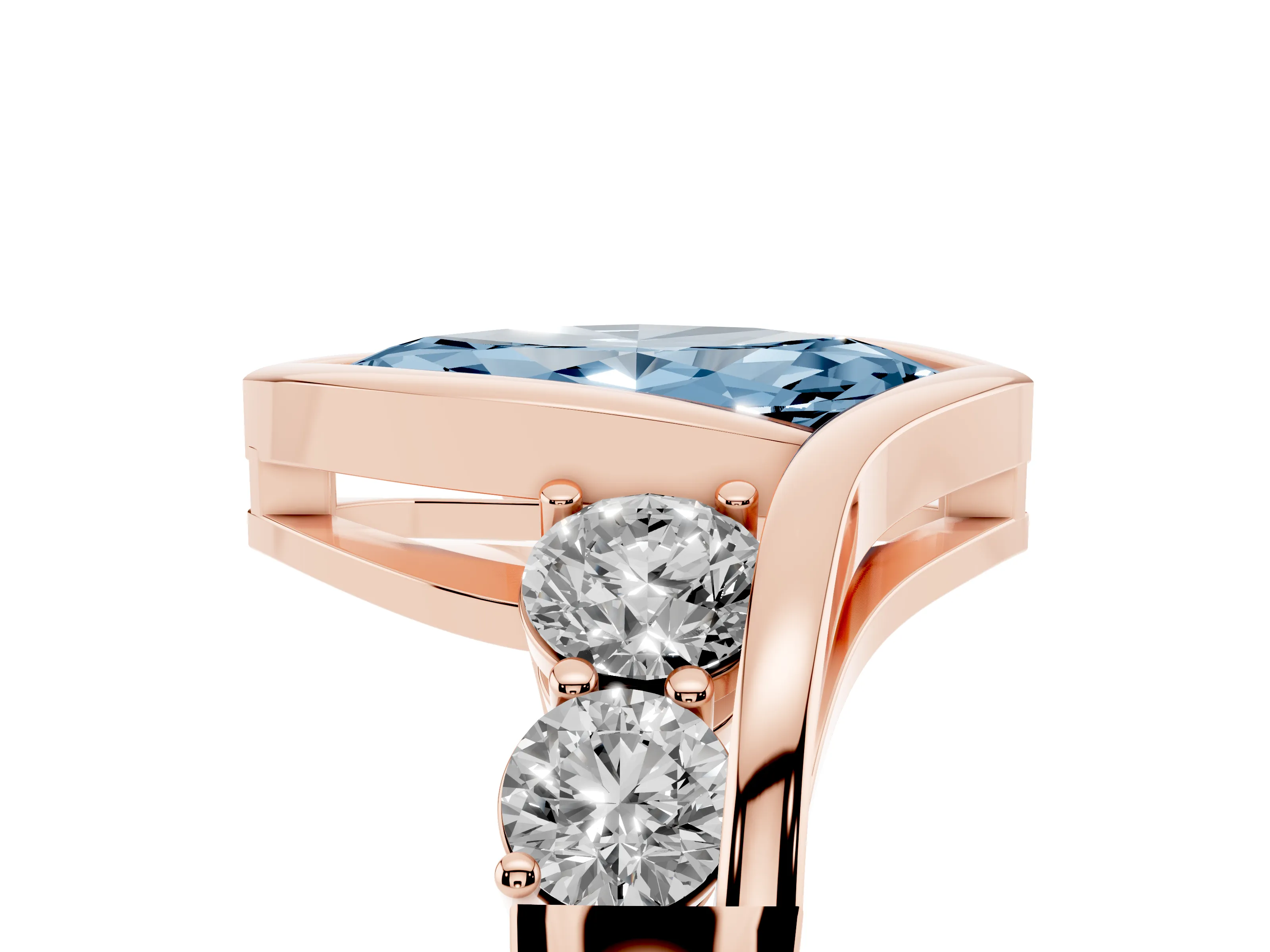 Fancy Blue Marquise Cut Diamond Bezel Bypass Ring Set in Rose gold with Round Accents