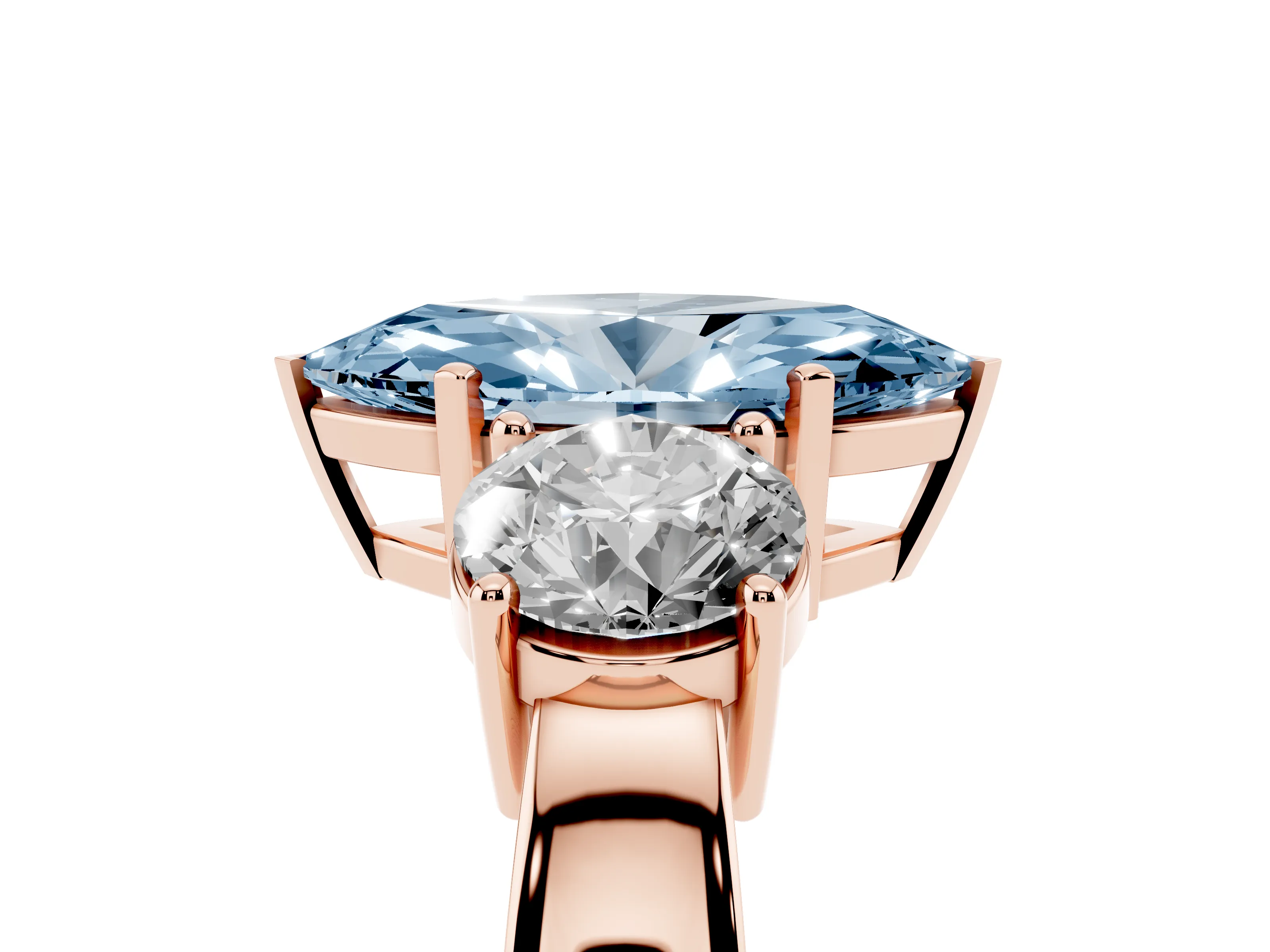 Fancy Blue Marquise Cut Diamond Three-Stone Ring Set in Rose gold with Round Side Stones and Classic Band