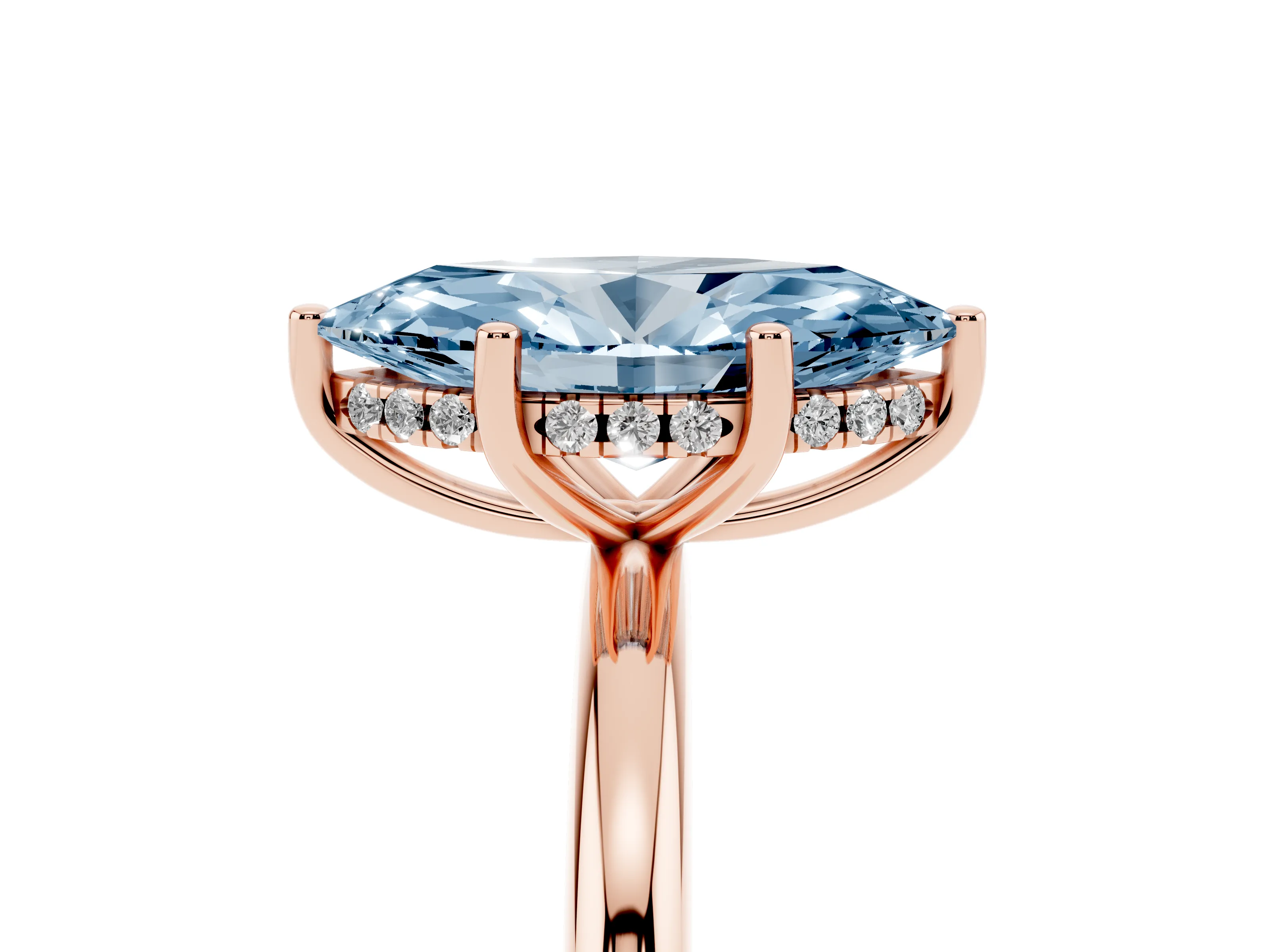 Fancy Blue Marquise Cut Diamond Solitaire Engagement Ring Set in Rose gold with Prong Setting and Polished Band