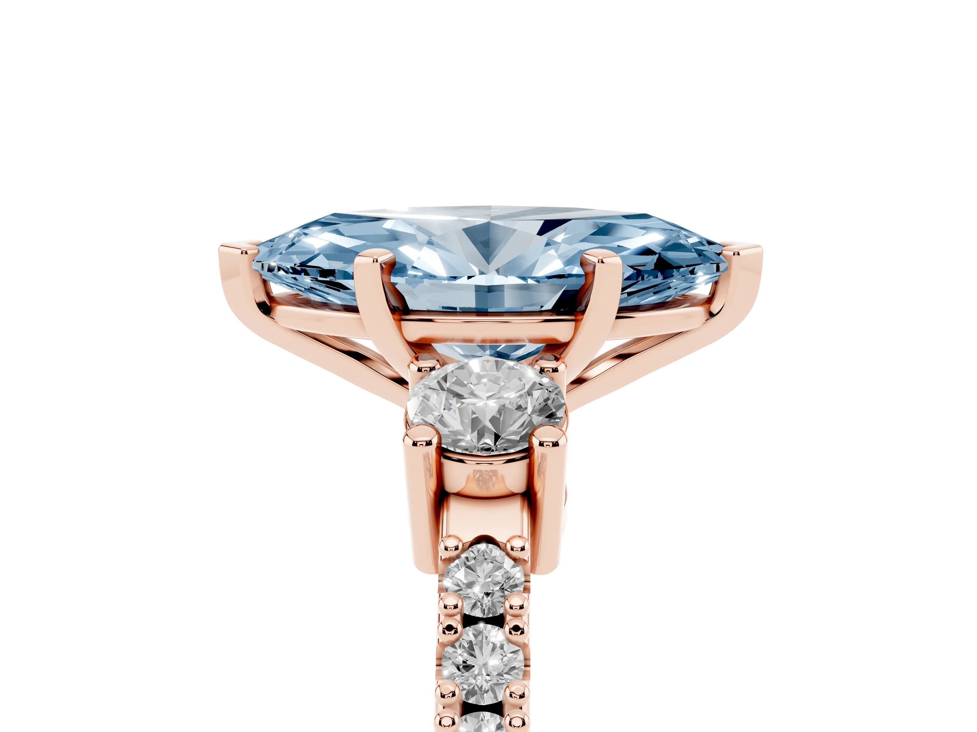 Fancy Blue Three-Stone Marquise Cut Diamond Pavé Band Ring Set in Rose gold with Prong Setting