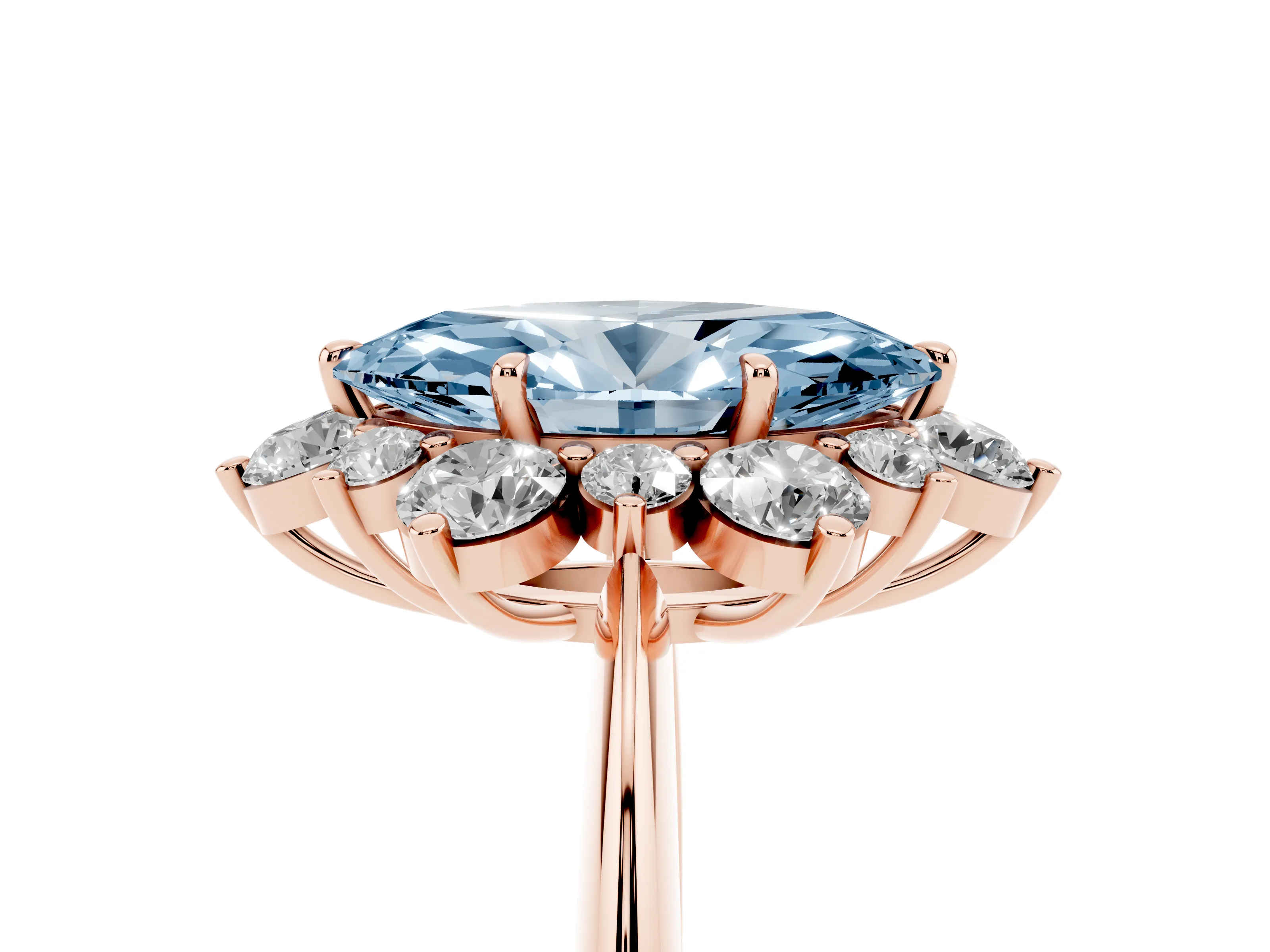 Fancy Blue Marquise Cut Diamond Cluster Halo Ring Set in Rose gold with Solitaire Band and Prong Setting