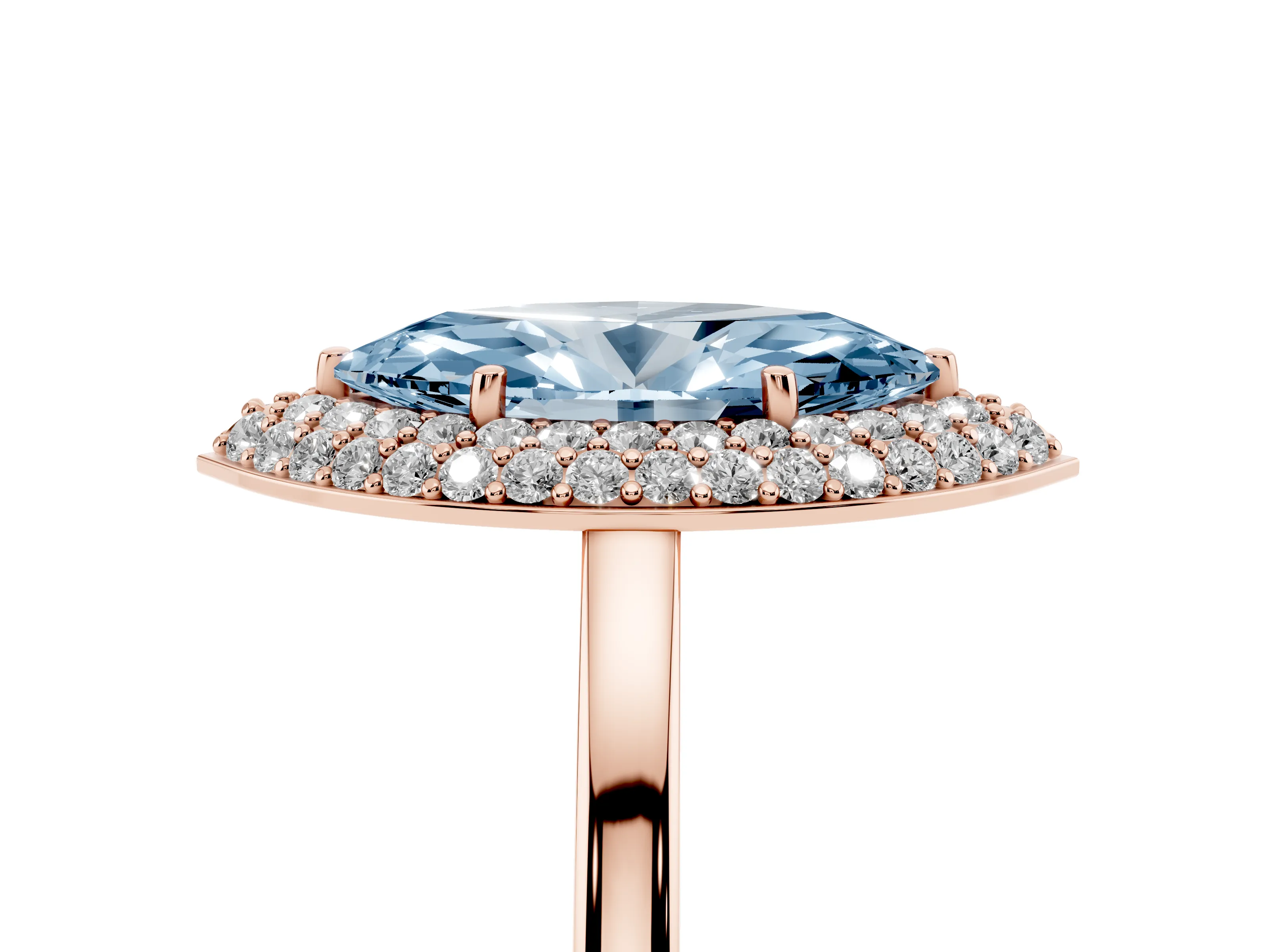 Fancy Blue Marquise Cut Diamond Halo Engagement Ring Set in Rose gold with Solitaire Band and Prong Setting