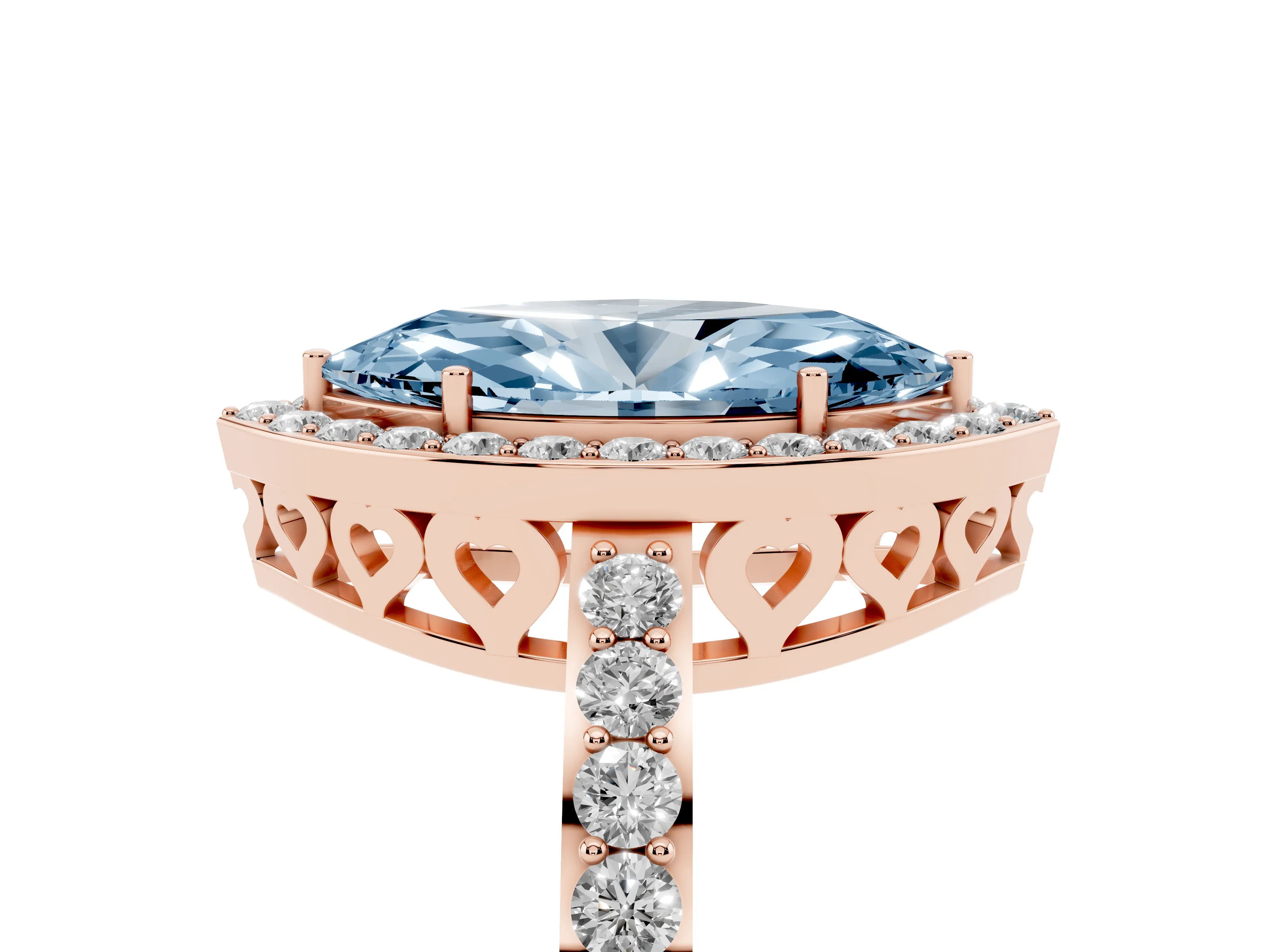 Fancy Blue Marquise Cut Diamond Halo Ring Set in Rose gold with Pavé-Setting Band and Open Prong Center