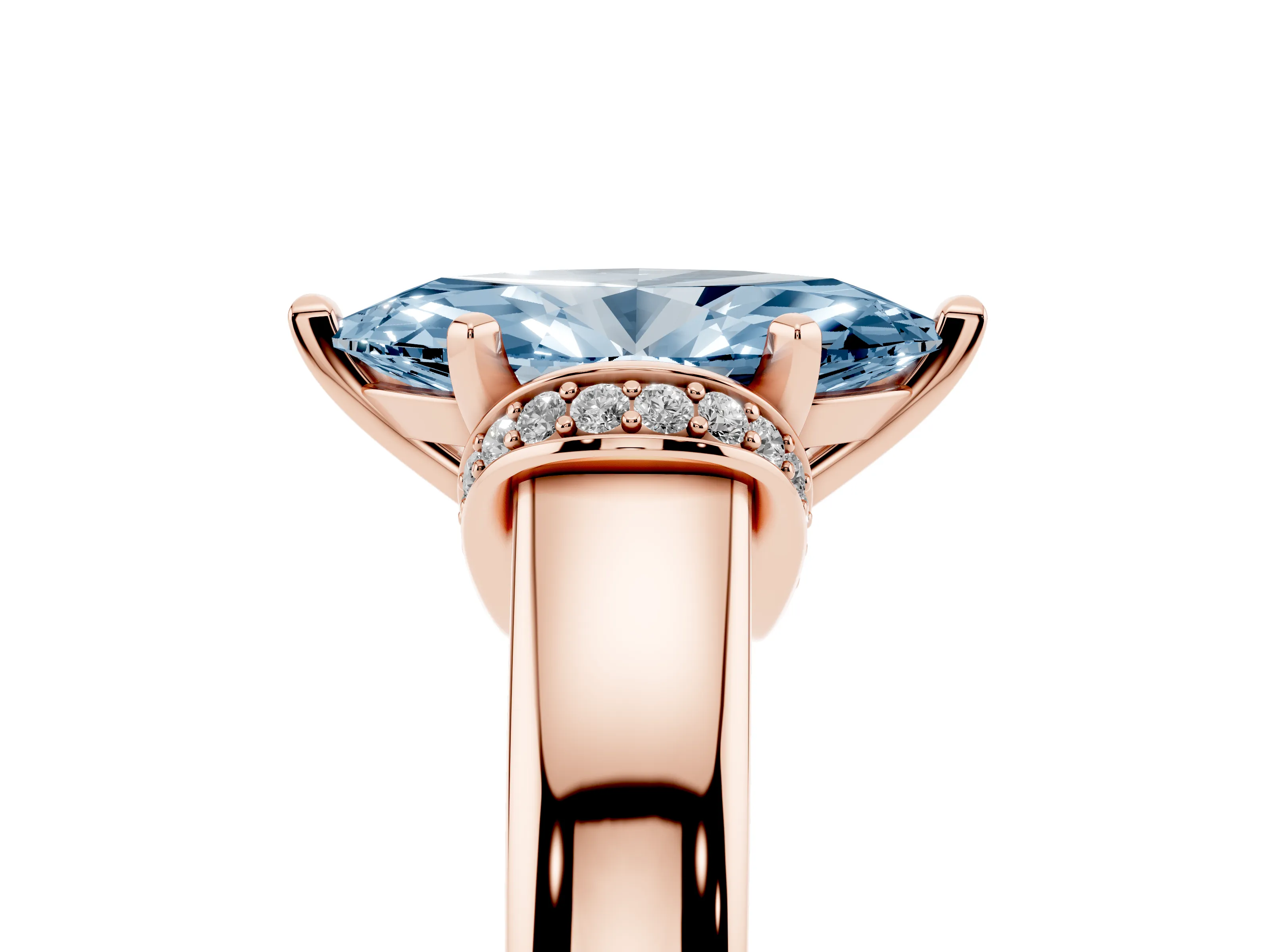 Fancy Blue Marquise Cut Diamond Pavé Band Solitaire Ring Set in Rose gold with Prong Setting
