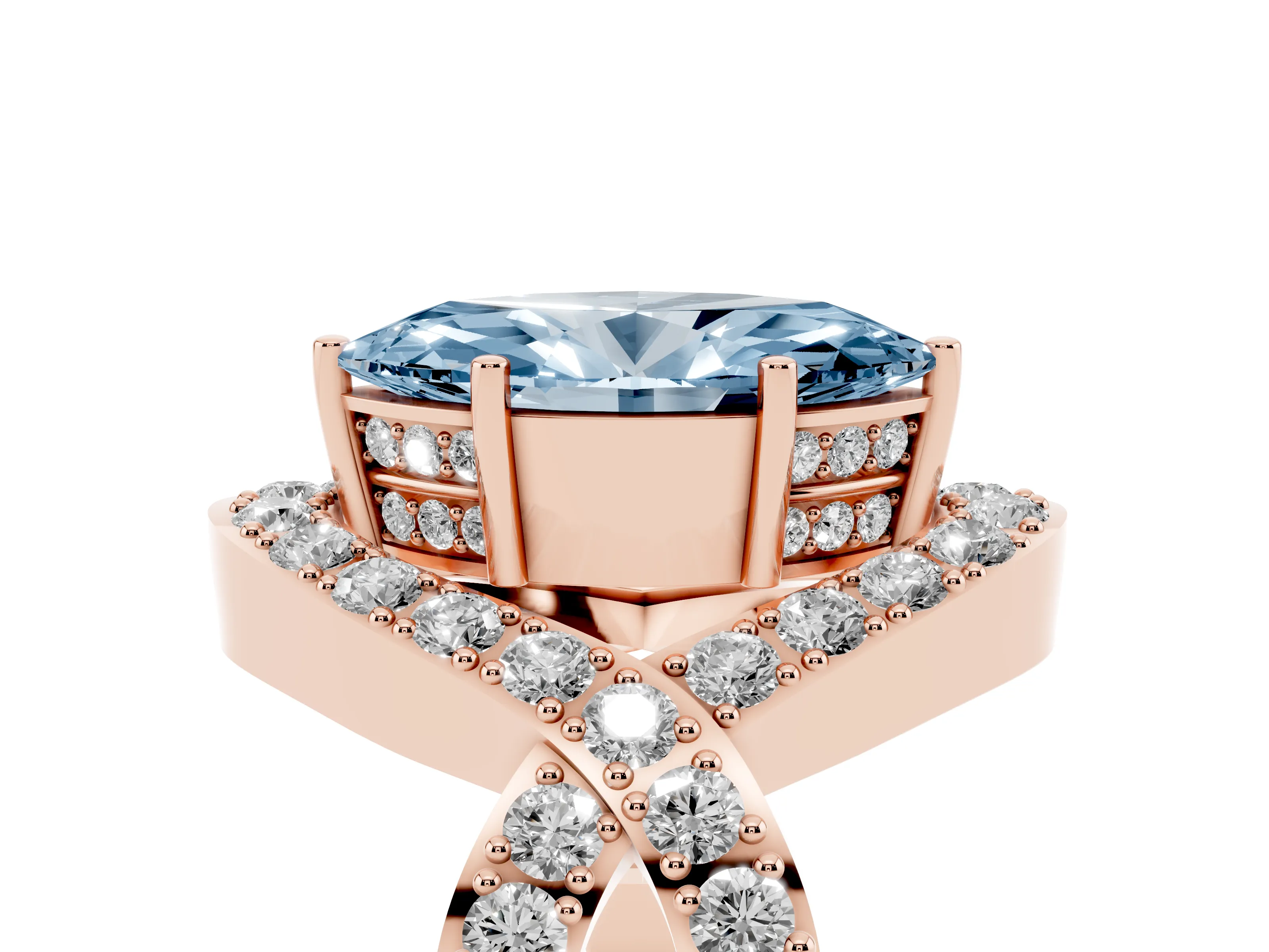 Fancy Blue Marquise Cut Diamond Solitaire Twist Band Pavé Engagement Ring Set in Rose gold