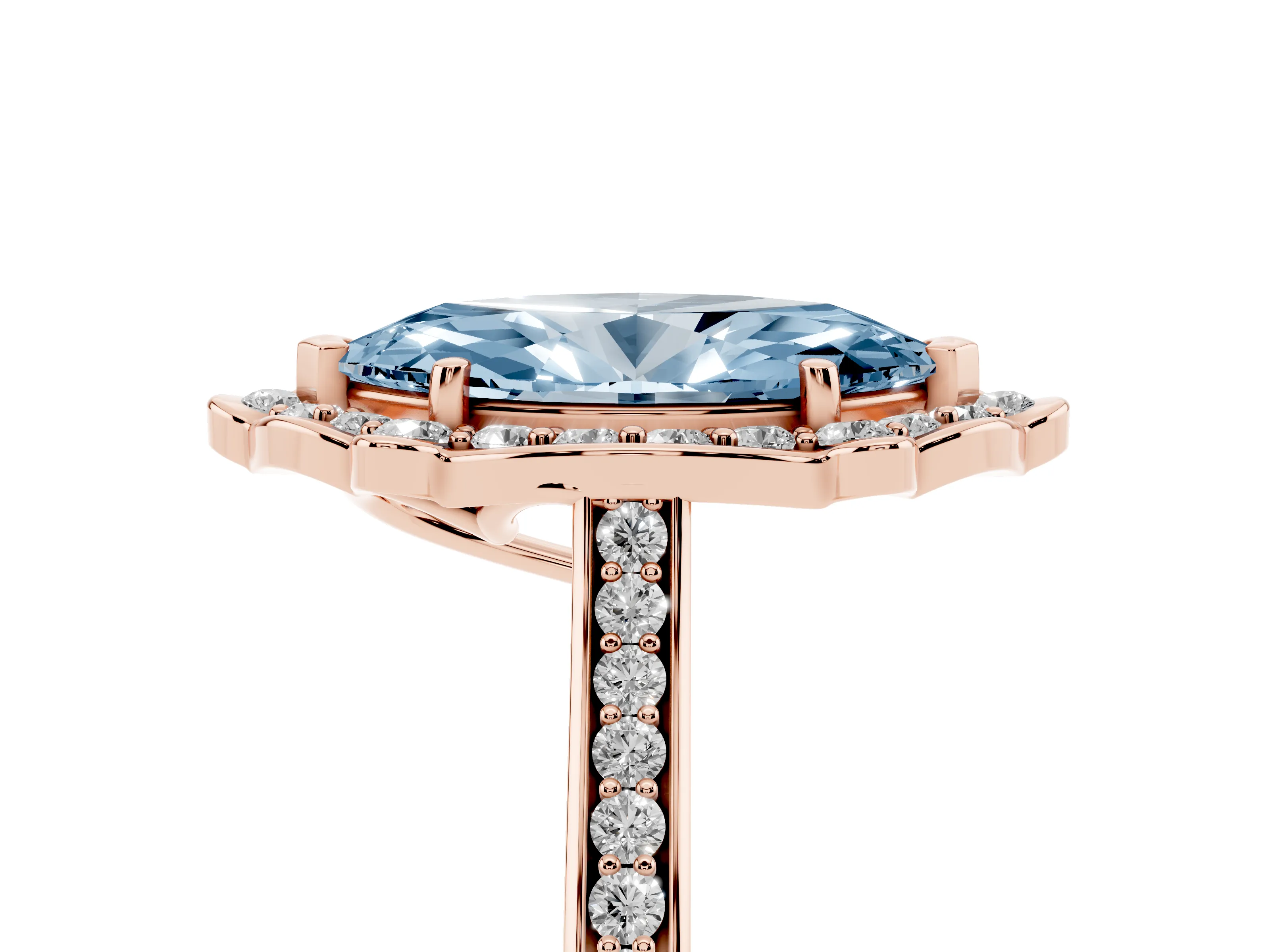 Fancy Blue Marquise Cut Diamond Halo Ring Set in Rose gold with Pavé-Lined Shoulders and Prong Setting