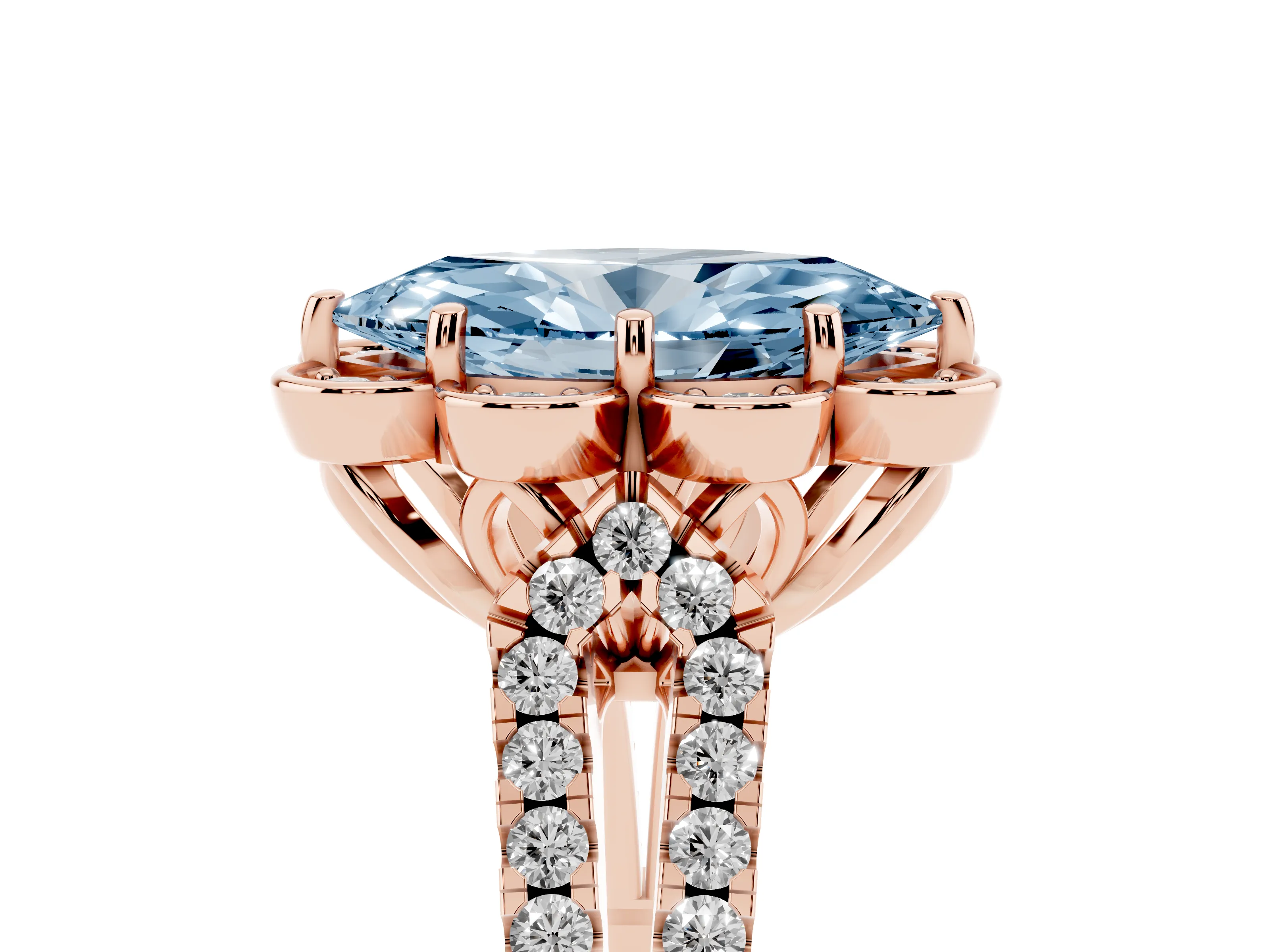 Fancy Blue Marquise Cut Diamond Floral Halo Split Shank Engagement Ring Set in Rose gold with Pavé Shank