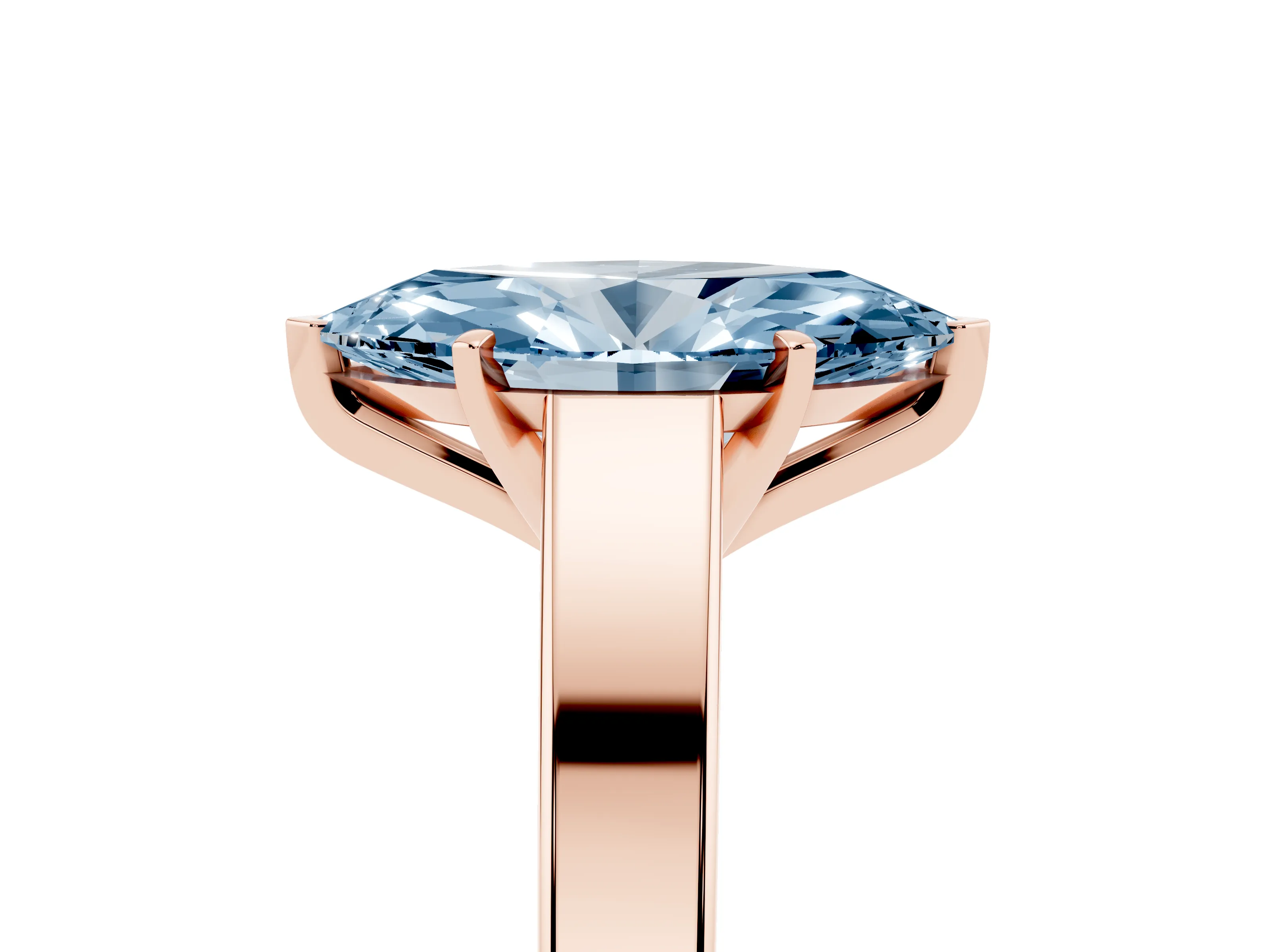 Fancy Blue Marquise Cut Diamond Solitaire Engagement Ring Set in Rose gold with Prong Setting and Tapered Band