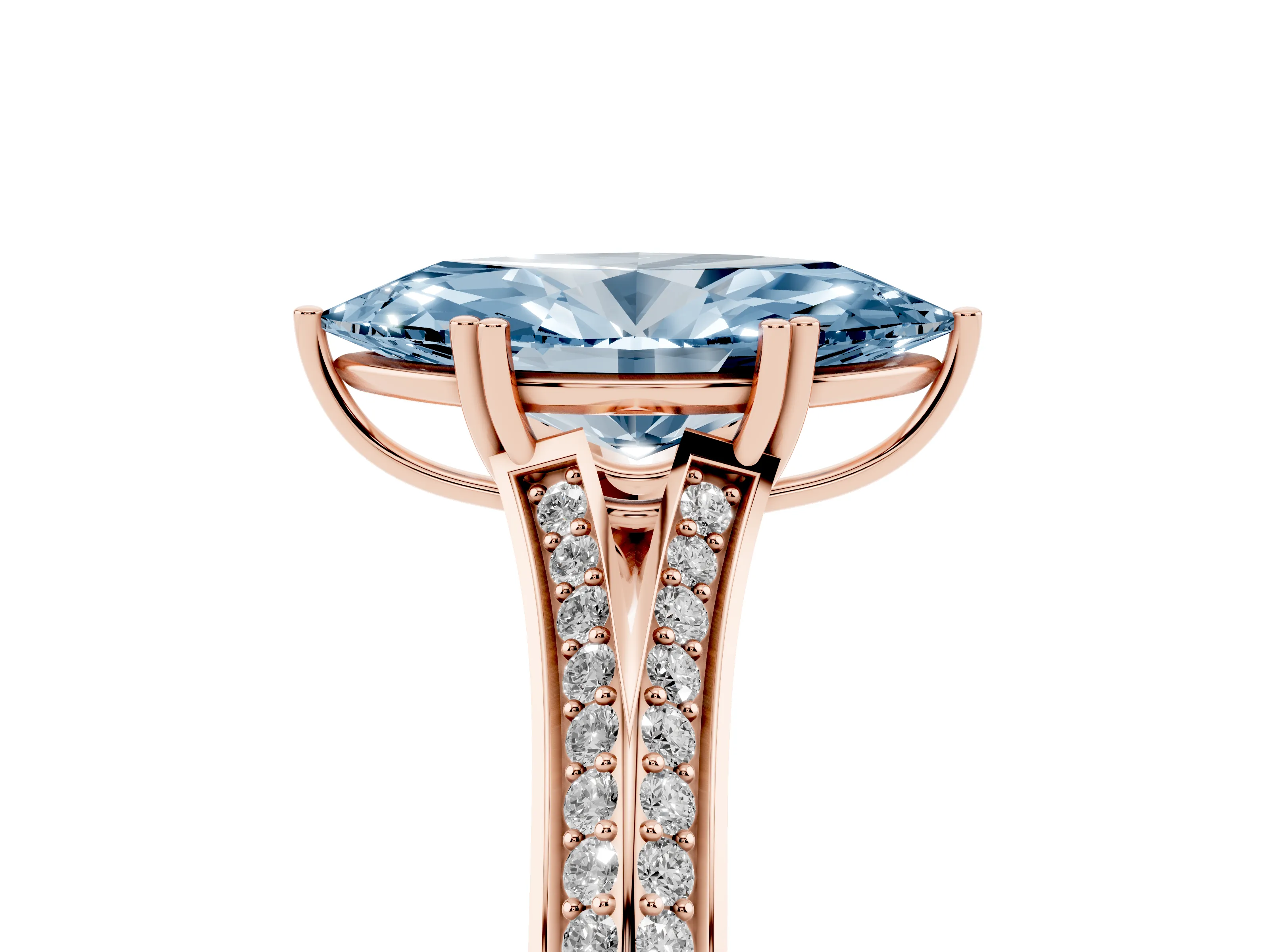 Fancy Blue Marquise Cut Diamond Split Shank Pavé Engagement Ring Set in Rose gold with Prong-Set Center Stone