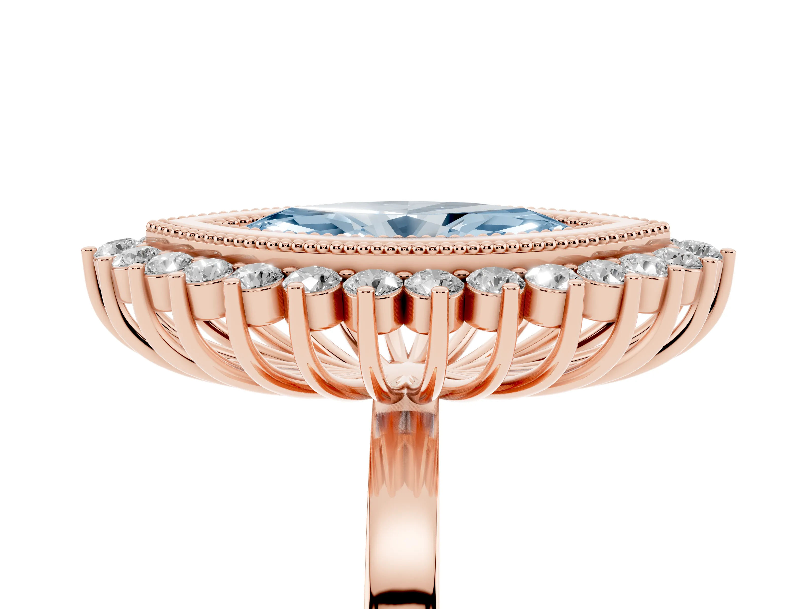 Fancy Blue Marquise Cut Diamond Halo Ring Set in Rose gold with Milgrain Edge and Round Prong Setting