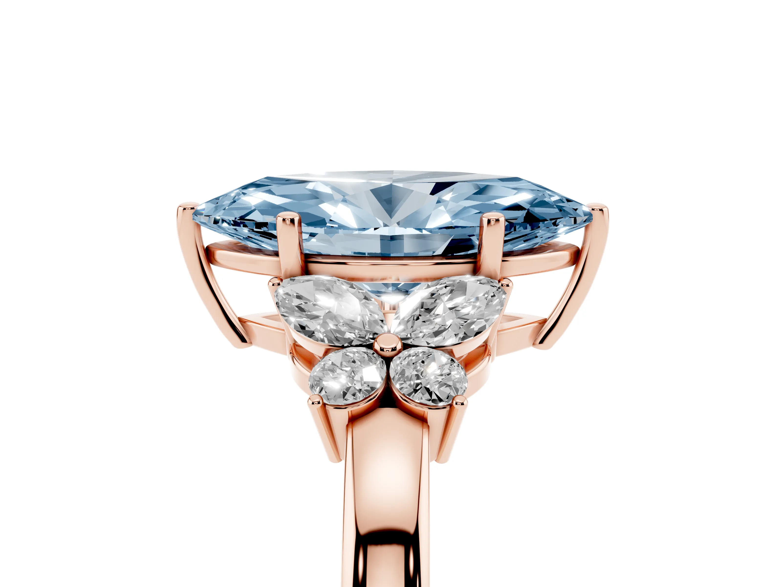 Fancy Blue Marquise Cut Diamond Solitaire Floral Ring Set in Rose gold with Marquise Petals and Prong Setting