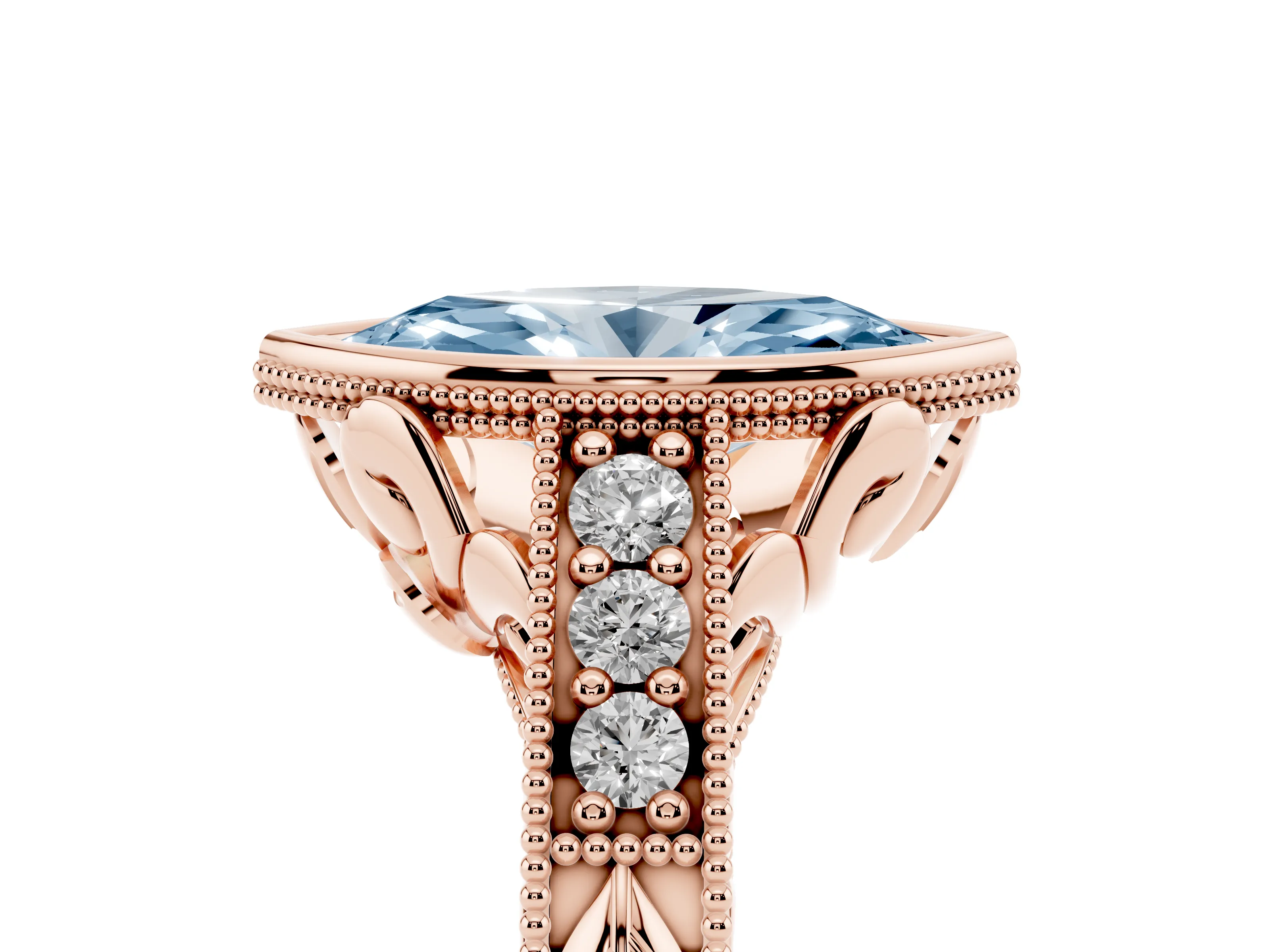 Fancy Blue Bezel Set Marquise Cut Diamond Milgrain Pavé Engagement Ring Set in Rose gold