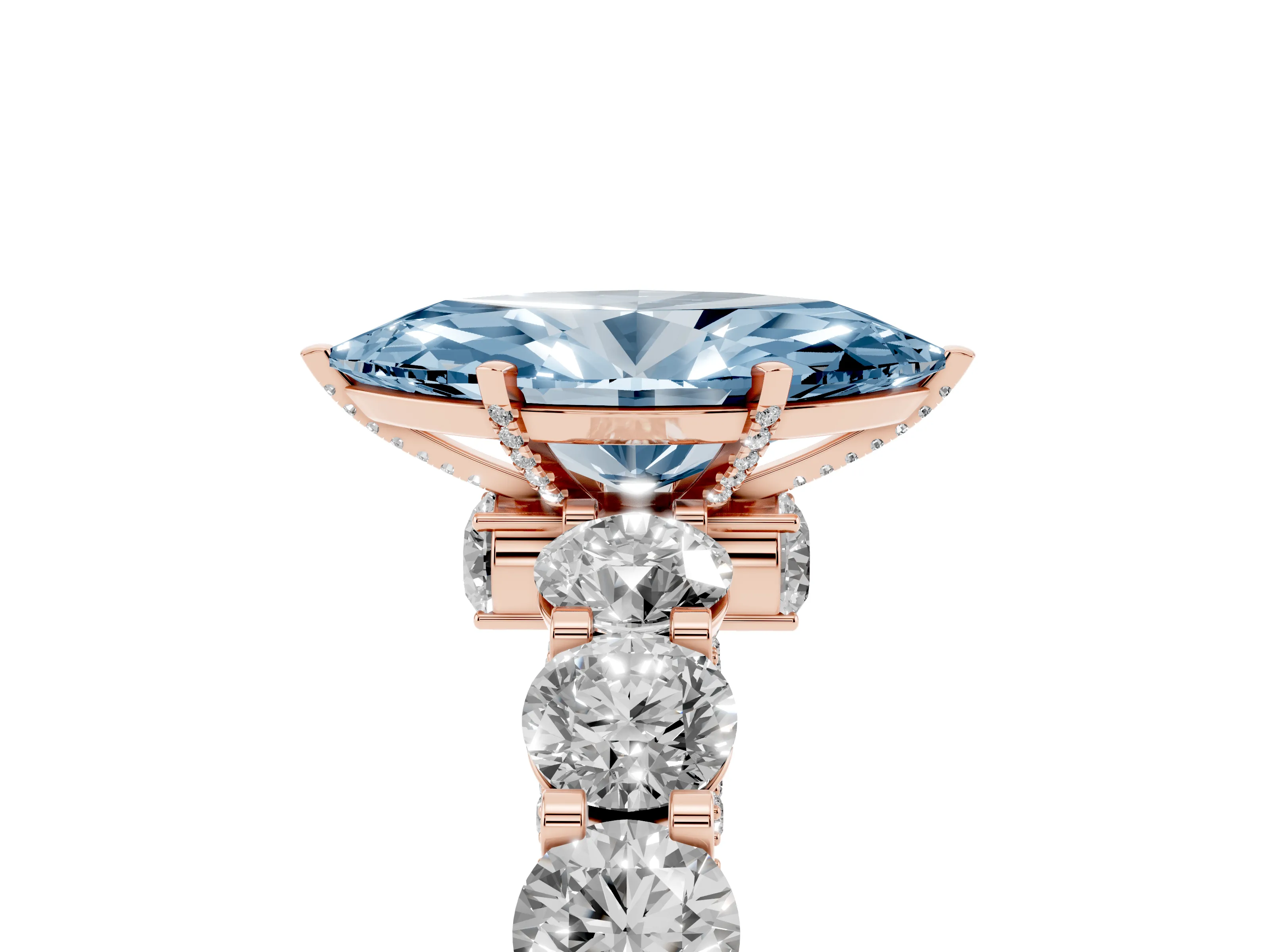 Fancy Blue Marquise Cut Diamond Side Stone Ring Set in Rose gold with Alternating Round and Oval Side Stones