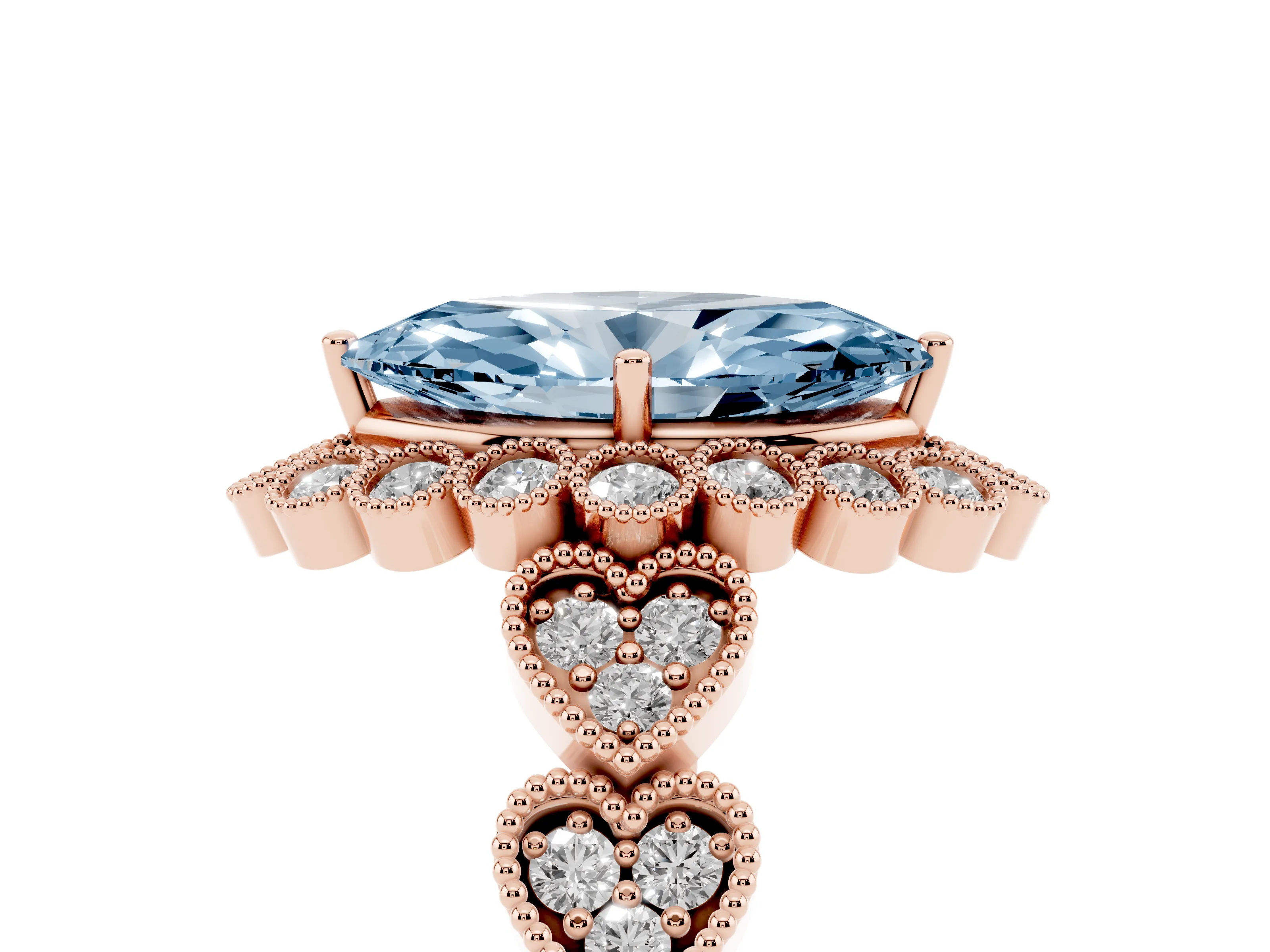 Fancy Blue Marquise Cut Diamond Solitaire Ring Set in Rose gold with Milgrain Pavé Heart Band