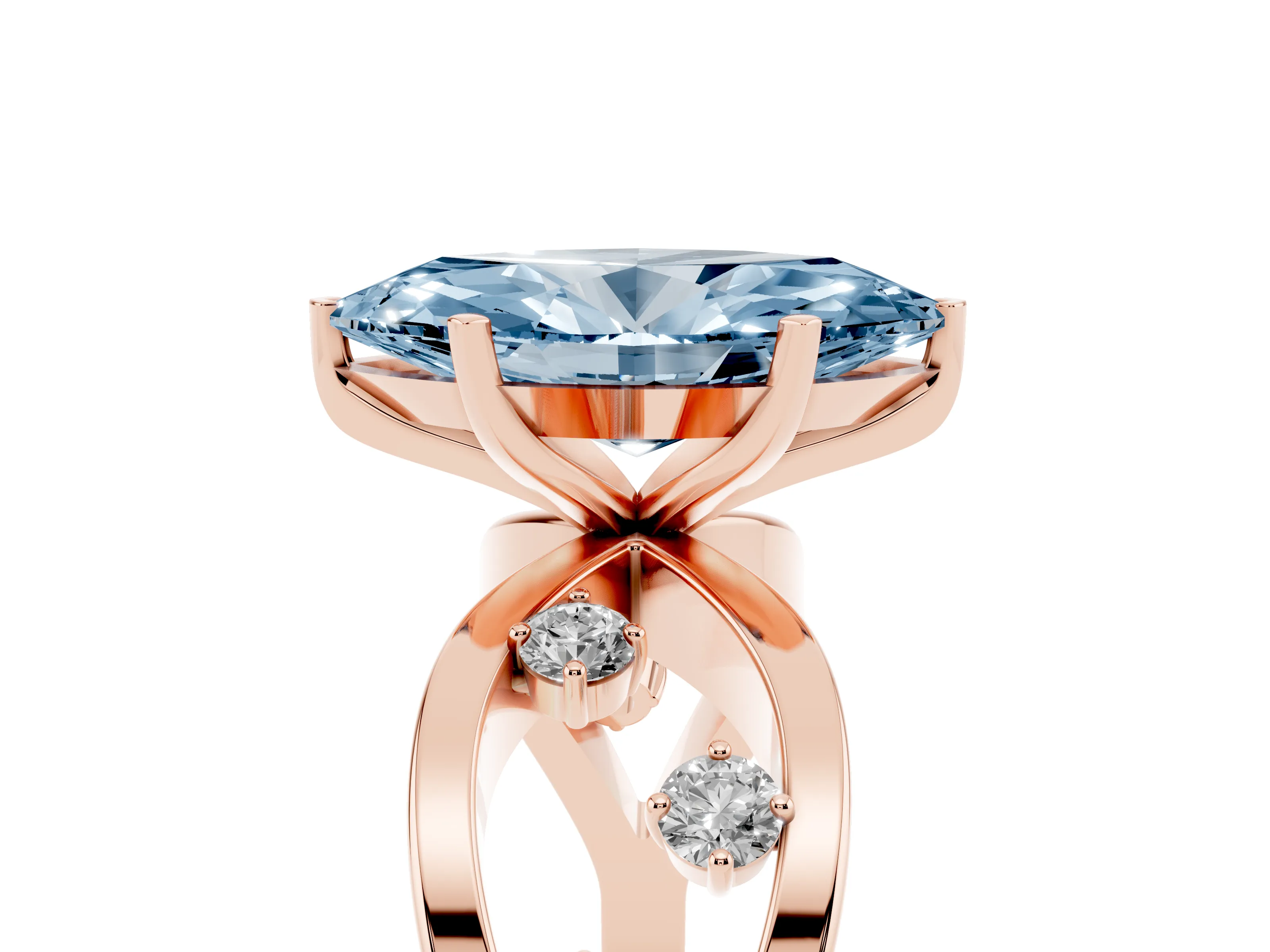 Fancy Blue Marquise Cut Diamond Solitaire Ring Set in Rose gold with Side Stones on Criss-Cross Band and Prong Setting