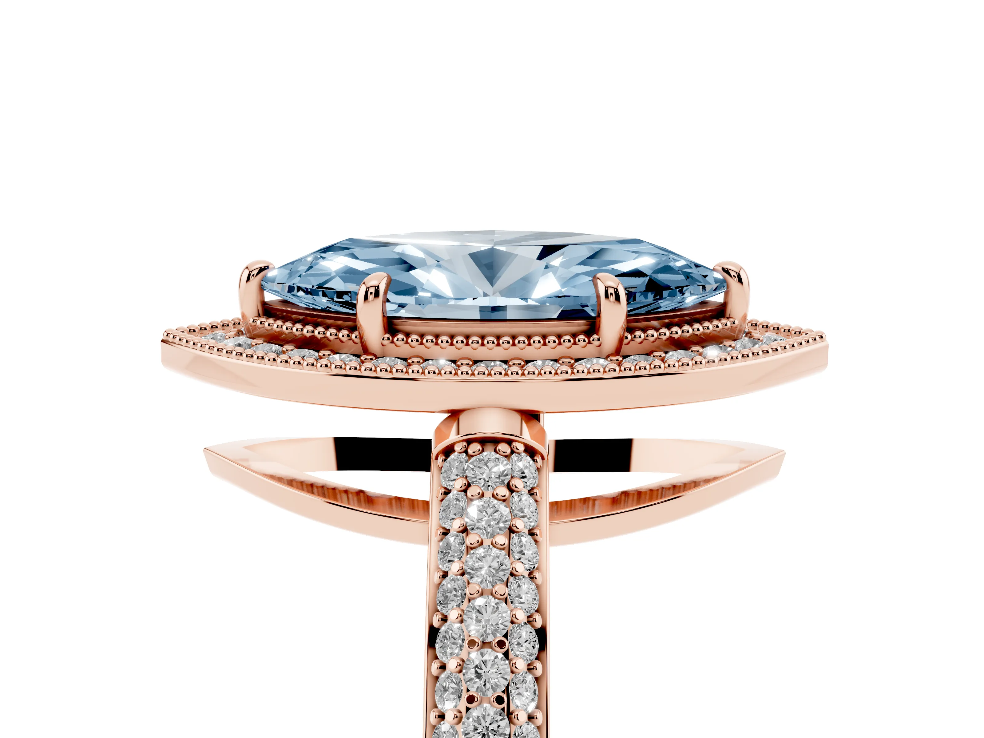 Fancy Blue Marquise Cut Diamond Halo Pavé Band Set in Rose gold with Prong Setting