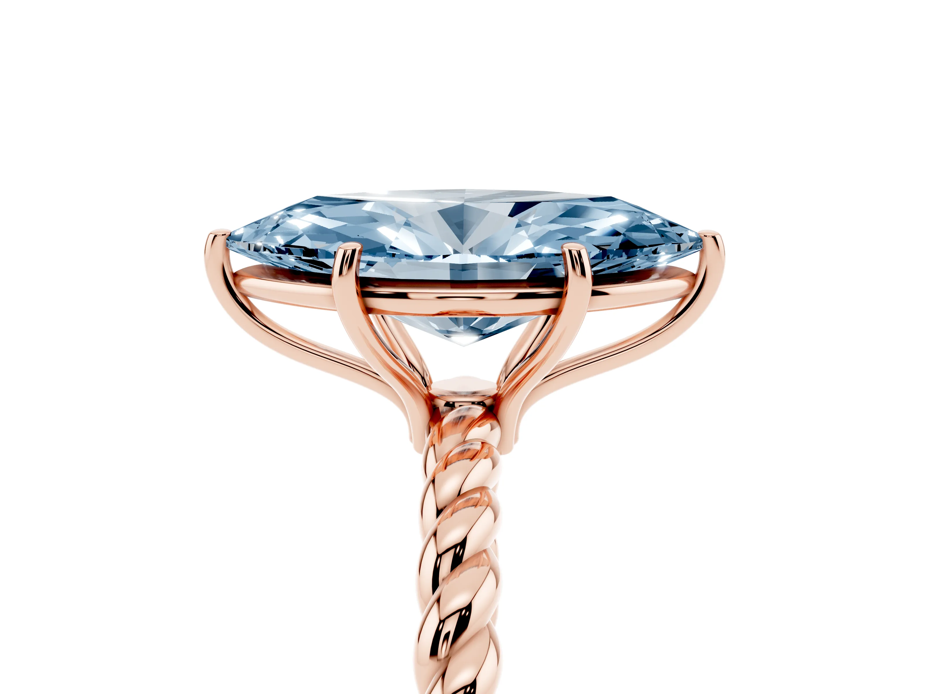 Fancy Blue Marquise Cut Diamond Solitaire Ring Set in Rose gold with Twist Band and Prong Setting