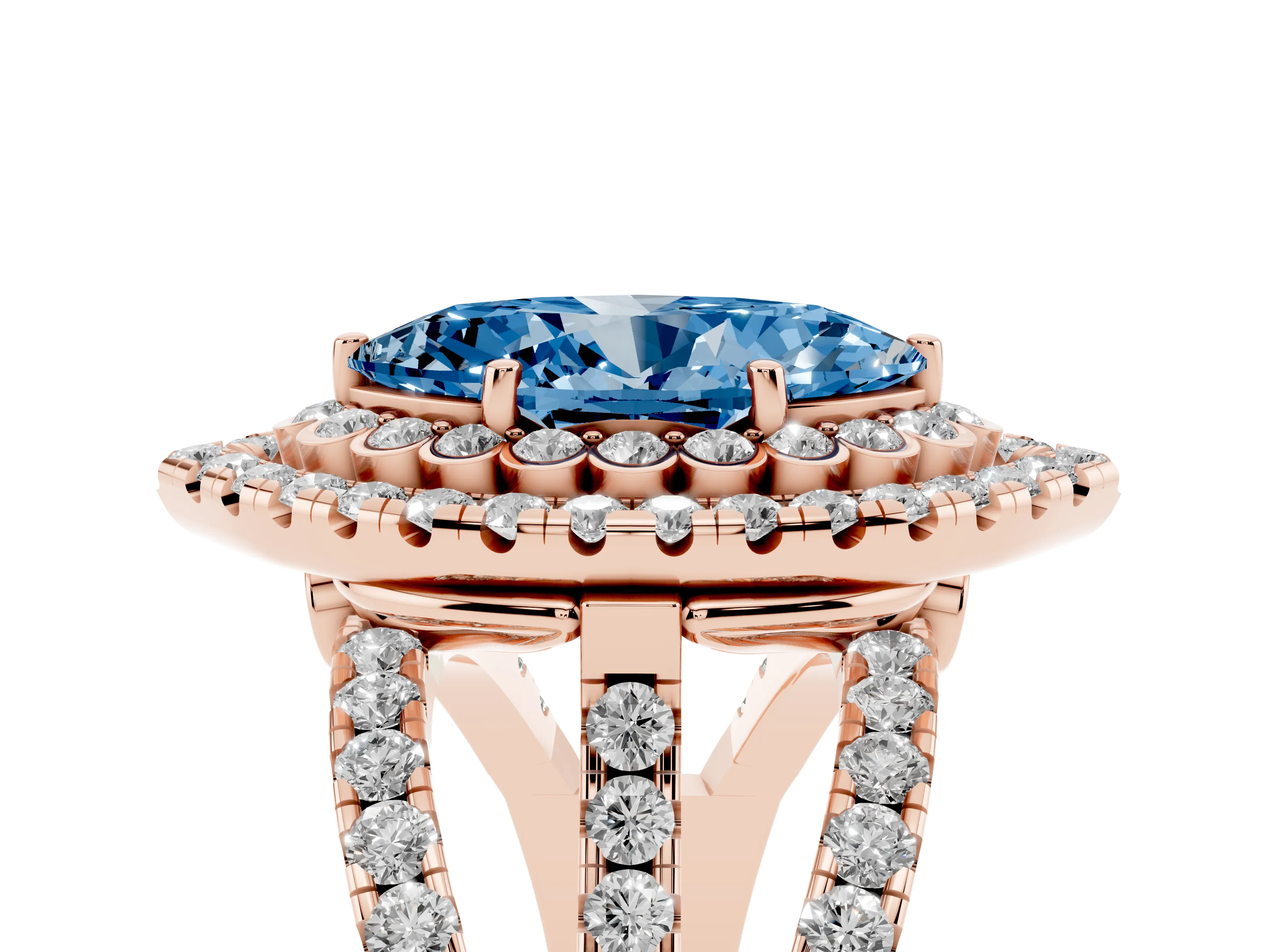 Fancy Blue Marquise Cut Diamond Double Halo Ring Set in Rose gold with Round Pavé Split Shank
