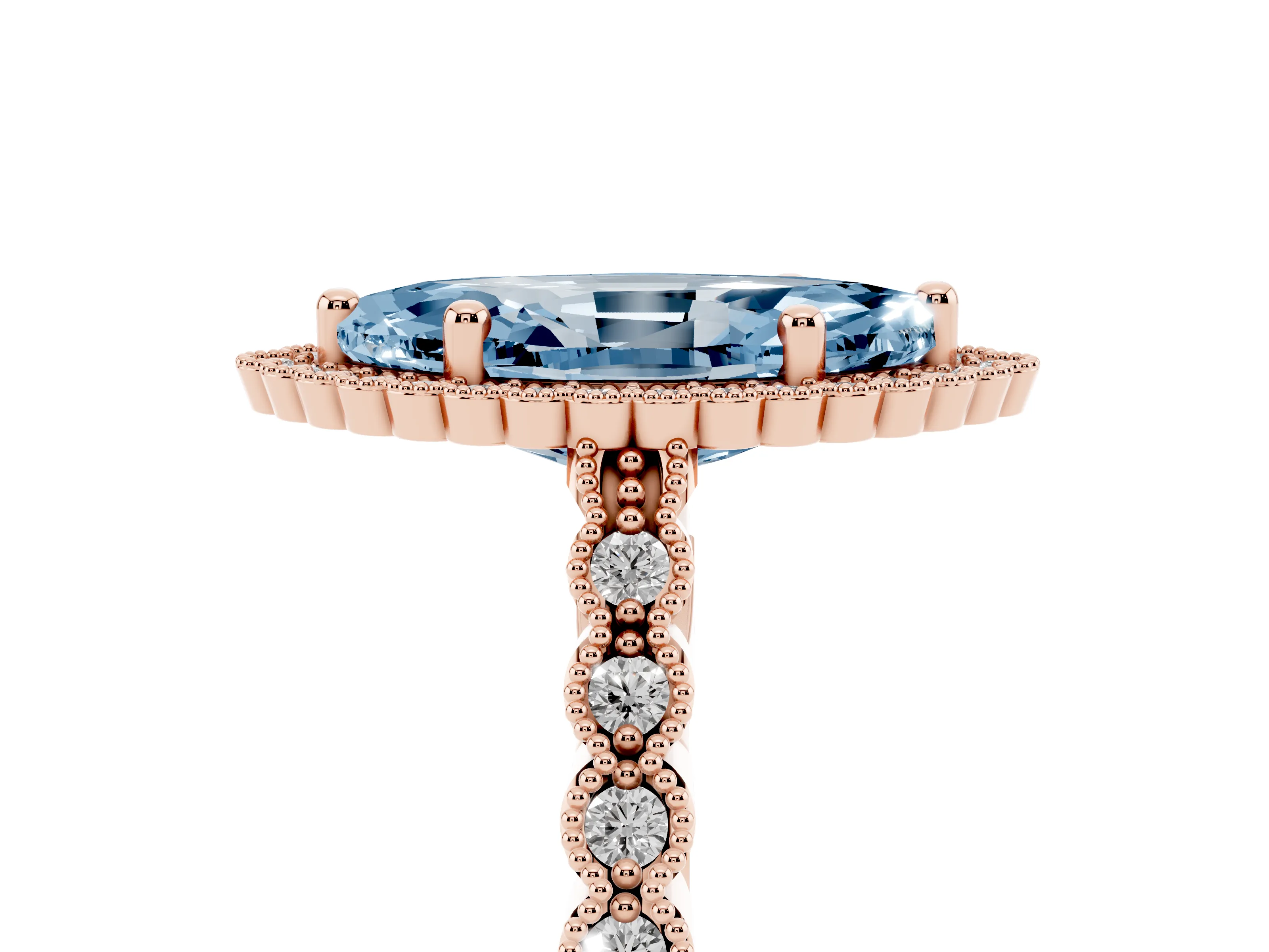 Fancy Blue Marquise Cut Diamond Halo Ring Set in Rose gold with Pavé Milgrain Band