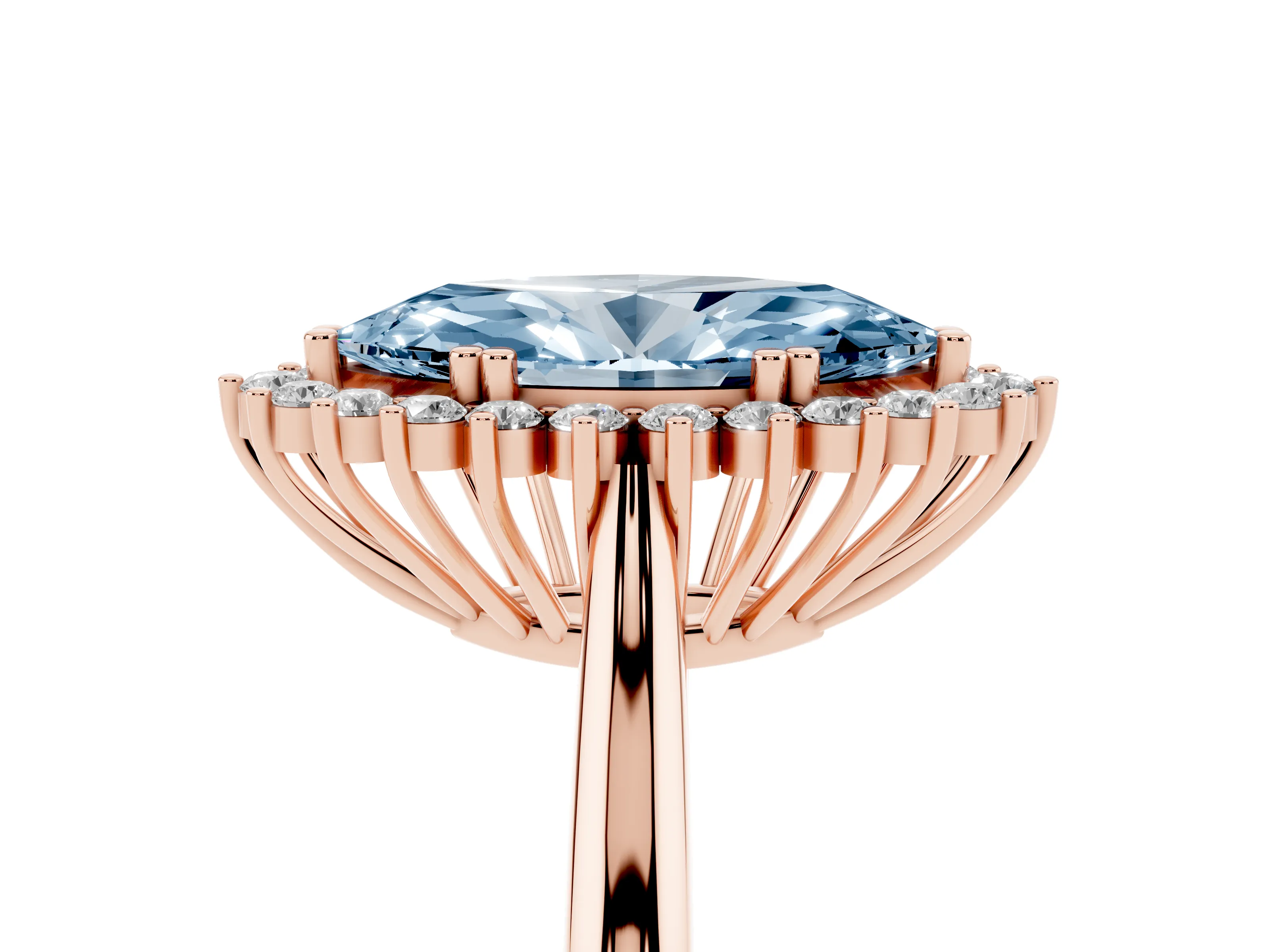 Fancy Blue Marquise Cut Diamond Halo Ring Set in Rose gold with Plain Solitaire Band and Prong Setting