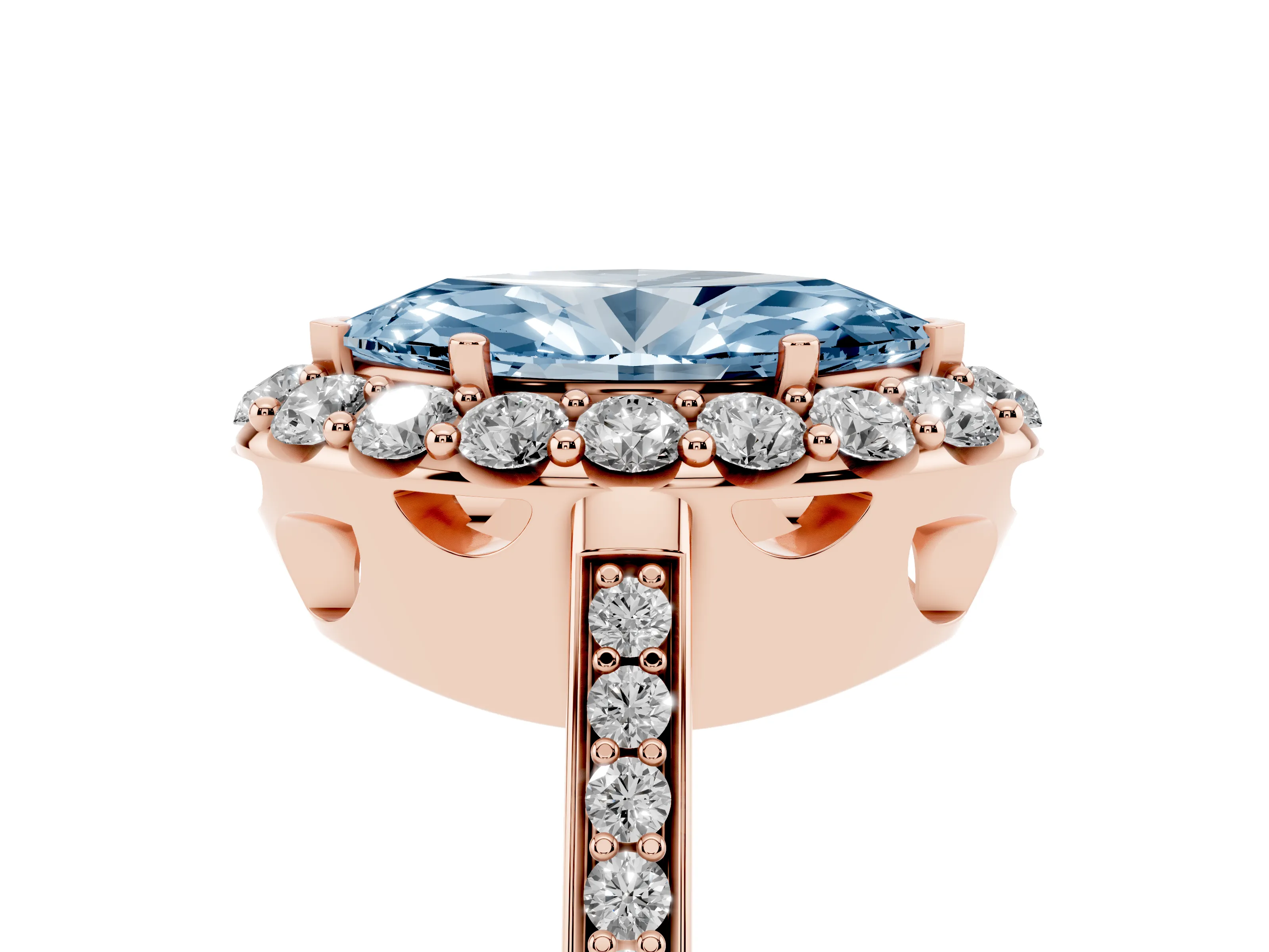 Fancy Blue Marquise Cut Diamond Floral Halo Ring Set in Rose gold with Pavé Band and Prong Setting