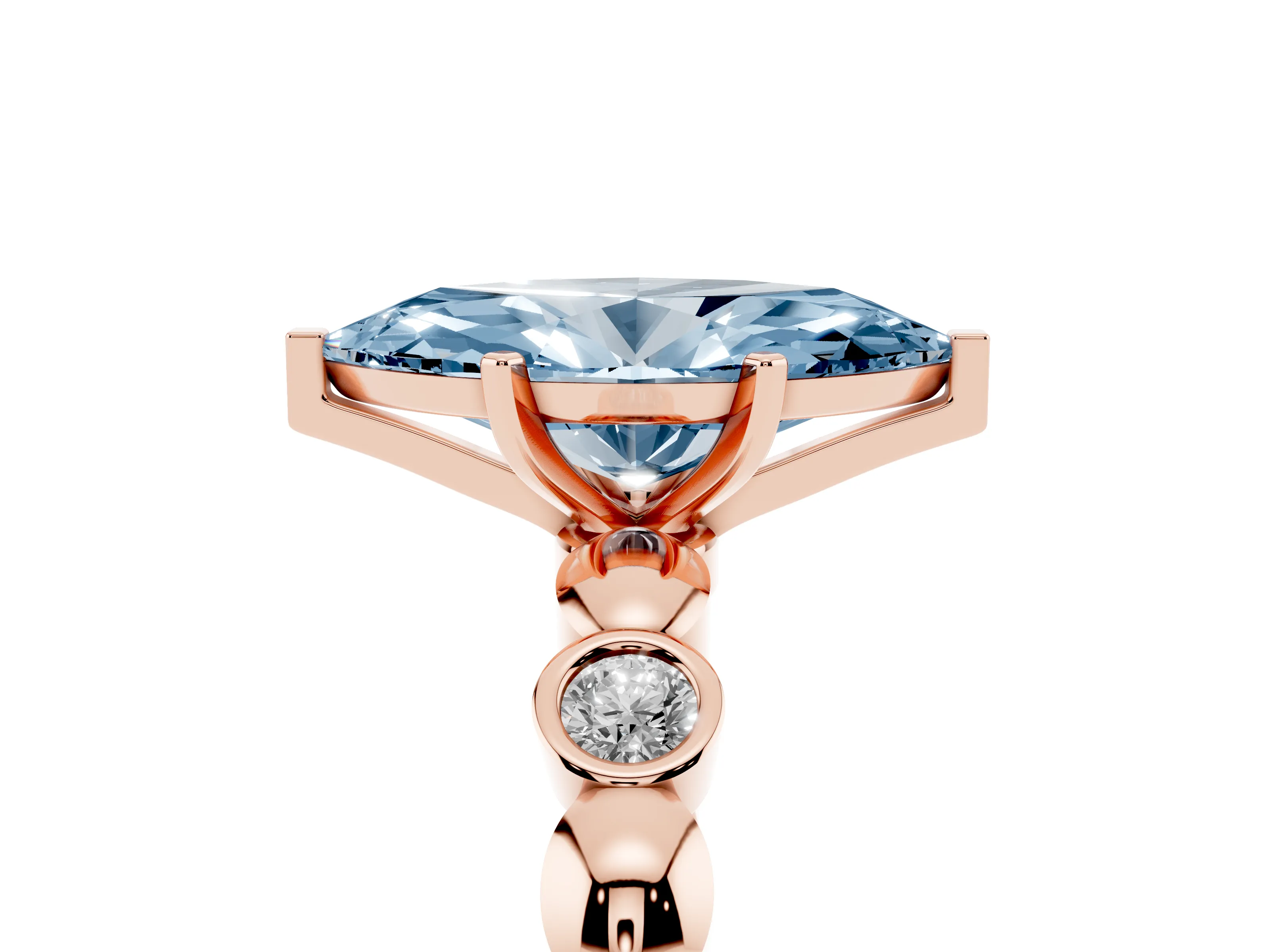 Fancy Blue Marquise Cut Diamond Solitaire Ring Set in Rose gold with Bezel-Set Accents on Beaded Band and Prong Setting